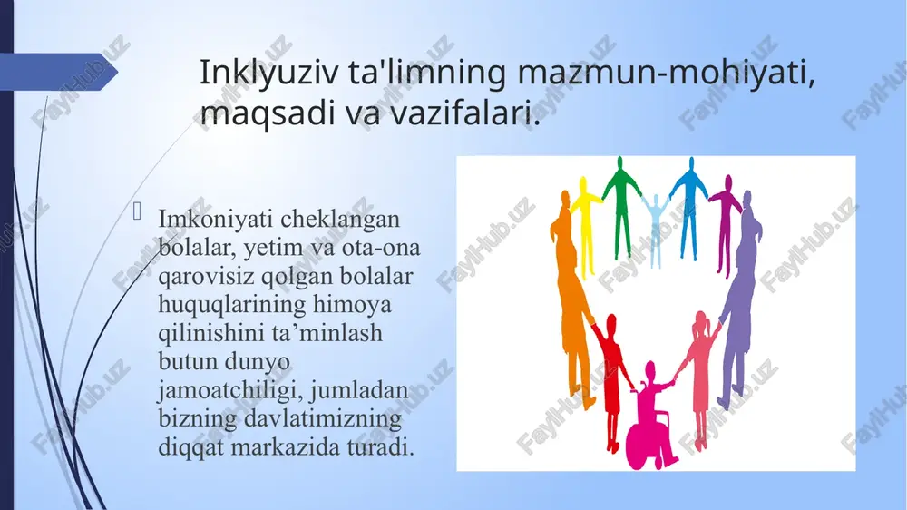 o’ra sohalarga ajralishi. tolerantlik (lot.tolerantia – chidam, sabr-toqat), bag’rikenglik –o’zgarlarning turmush tarzi, xulq-atvori, odatlari, his-tuyg’ulari, fikr-mulohazalari, g’oyalari va e’tiqodlariga nisbatan toqatli, chidamli bo’lish. bu bir-biriga o’xshamagan odamlarning birga ahillikda yashashidir. biror-bir insonda yoki biror-bir begona madaniyatda bizga nimadir yoqmasligi mumkin, biroq o’zgalarning huquq va manfaatlariga ziyon yetkazmasa, joriy qonunlarni buzmasa ularning mavjudligi va rivojlanishini tan olishimiz kerak. ya’ni tolerantlik bu o’zgalarning fikri, qarashlari va xatti-harakatiga passiv, tabiiy ravishda buysunishni anglatmaydi. balki alohida odamlar, turli guruhlar, xalqlar, ijtimoiy guruhlar o’rtasida bir-birini tushunish, ijobiy hamkorlik yo’lidagi faol ahloqiy nuqtai nazar va psixologik hamkorlikni anglatadi. inklyuziv ta’lim tizimida quyidagi vazifalarning hal etilishi talab etiladi: ta‟lim muassasasida imkoniyati cheklangan bolalar va usmirlarning ta‟lim olishlari uchun zaruriy psixologo - pedagogik, korrektsion sharoitlarni yaratish, ularning imkoniyatiga yunaltirilgan umumta‟lim dasturlari va korrektsion ishlarni amalga oshirish orqali ruxiy rivojlanishi, ijtimoiy moslashtirishni amalga oshirish; - o‟quvchilarning ta‟limdagi tenglik huquqini kafolatlash; - jamiyatning va oilaning faol ishtirokida nogiron va so‟glom …