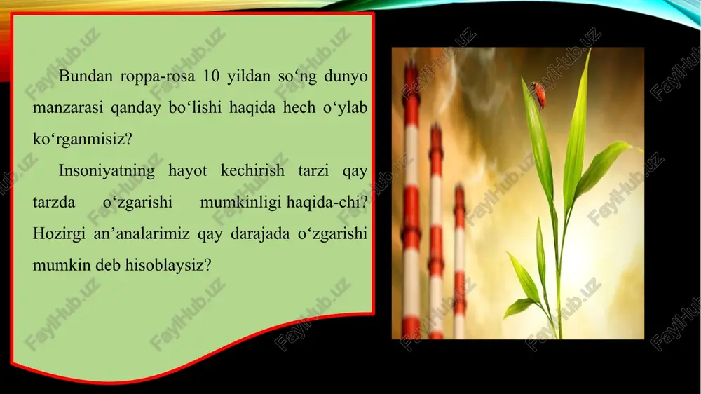 h joizki, 750 mutaxassisdan tarkib topgan jamoa tomonidan oʻtkazilgan soʻrovda toza ichimlik suvining tugab borishi butun dunyo aholisi uchun chinakamiga global xavf deb baholandi. aslida, ichimlik suvi muammosi dunyo aholisini qiynab kelayotgan muammolarning eng oldi qatoridan oʻrin olib ulgurgan. foydalanish uchun suv yetarli boʻlmagan, kunni toza ichimlik suvini izlash uchun sarflaydiganlarga ham oson emas! bu tuygʻularni suvni isrof qilayotganlar qayoqdan ham bilsin! image3.jpeg image4.jpeg image5.jpeg image6.jpeg image7.jpeg image1.png