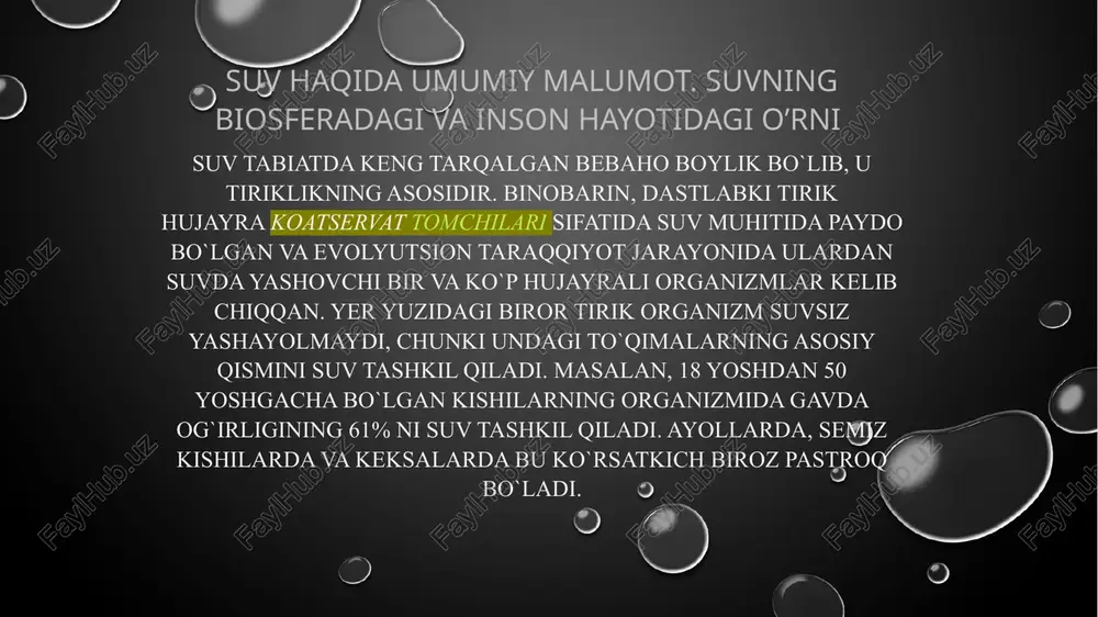liklarining chang donachalari, mevasi va urug‘lari suv o‘tkazmaydigan qobiq bilan qoplangan va suv yordamida tarqaladi. hayvonlarning suv muhitiga moslanishlari. suv muhitining hayvonot dunyosi o‘simliklar dunyosiga nisbatan boy. suv muhitida yashovchi organizmlar quyidagi ekologik guruhlarga ajratiladi: plankton, nekton, bentos. bu guruhlar morfologik, fiziologik va etologik moslanishlari bilan farq qiladi. plankton(yunoncha «planktos» – sayyor, ko‘chib yuruvchi) – suv qa’rida yashovchi, mustaqil harakatlana olmaydigan va suv oqimi bilan ko‘chib yuruvchi organizmlar hisoblanadi. ularga sodda hayvonlar, bo‘shliqichlilar, mayda qisqichbaqasimonlar, baliq tuxumlari va chavoqlari misol bo‘ladi. bu organizmlarda suv qa’rida sayyor harakatlanishni maxsus moslamalar: uzun o‘simtalar, gazli va yog‘li kiritmalar ta’minlaydi. nekton (yunoncha «nektos» – suzuvchi) – suvda faol harakatlanadigan, suv oqimiga qarshilik ko‘rsata oladigan, katta masofalarni suzib o‘ta oladigan organizmlardir. ularga boshoyoqli molluskalar, baliqlar, kitsimonlar, kurakoyoqlilar misol bo‘ladi. bu hayvonlarda evolutsiya jarayonida suvda faol harakatlanish va suv qarshiligini yengish uchun bir qancha moslanishlar vujudga kelgan. muskullarning kuchli rivojlanganligi, tanasining suyri shaklda bo‘lishi, terining tangachalar …