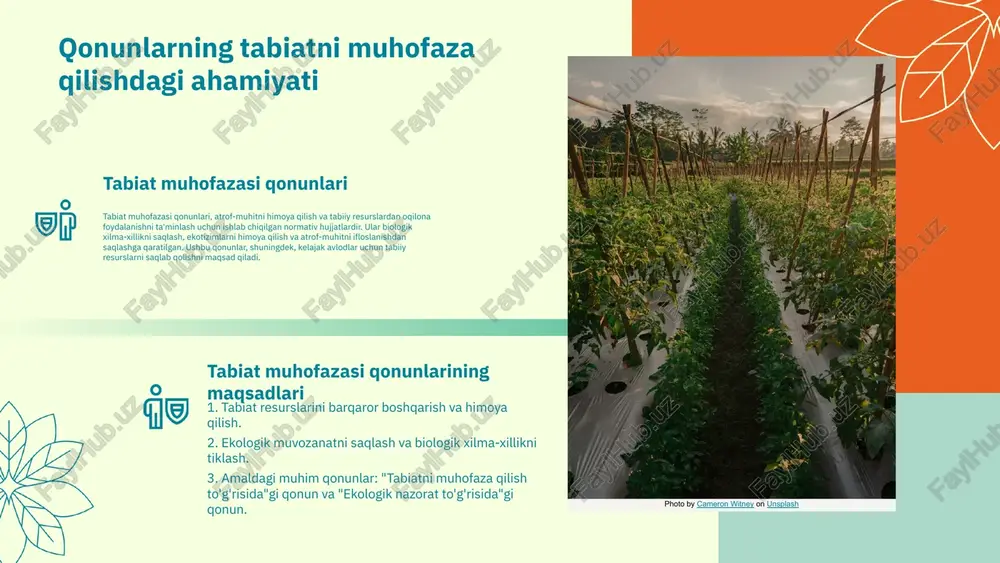 n hamkorlik strategiyalari jamoatchilik bilan hamkorlik qilish uchun asosiy strategiyalar: 1. ta'lim va ma'rifat: ekologik muhofaza qilish bo'yicha xalqni xabardor qilish. 2. ochiq muloqot: jamoatchilik fikrini hisobga olish va muhokamalarga jalb qilish. 3. qonunlarni ijro etishda jamoatchilik ishtirokini ta'minlash: ekologik qonunlarga rioya qilishda jamoatchilikning roli oshirilishi zarur. photo by annie spratt on unsplash photo by omar elsharawy on unsplash kelajakdagi qadamlar tabiatni muhofaza qilish qonunlari tabiatni muhofaza qilish qonunlarini mustahkamlash uchun quyidagi takliflarni ko'rib chiqish mumkin. birinchidan, mavjud qonunlarni takomillashtirish va ularni qo'llash mexanizmlarini kuchaytirish zarur. ikkinchidan, tabiatni muhofaza qilishga qaratilgan ta'lim va targ'ibot ishlarini kuchaytirish, shuningdek, jamoatchilik nazoratini oshirish orqali qonunlarga rioya qilinishi ta'minlanishi zarur. o'zbekistonda yangi qonunlar o'zbekistonda tabiiy muhofaza qilish sohasidagi yangi qonunlar, masalan, tabiiy resurslardan foydalanish bo'yicha yangi me'yorlar va ekologik xavfsizlikni ta'minlashga qaratilgan qonunlar kiritilishi mumkin. bu qonunlar tabiatni muhofaza qilishda samarali choralar ko'rish imkonini beradi. takliflar va istiqbollar bundan tashqari, tabiiy muhofaza qilish sohasida …