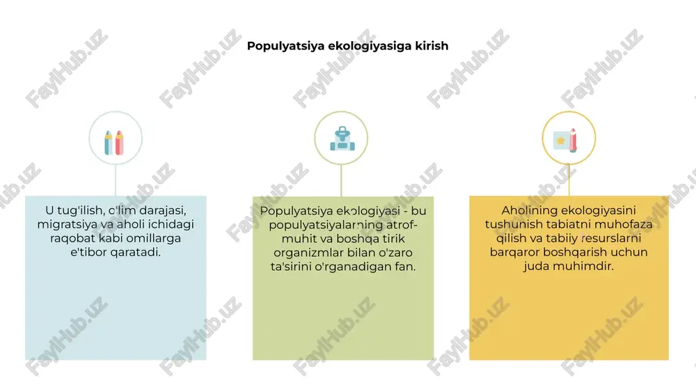 ud uchun raqobat kabi populyatsiya ichidagi shaxslar o'rtasidagi o'zaro munosabatlarni o'rganadi. populyatsiya o'zaro ta'siri 1 2 3 2 populyatsiyalarning o'zaro ta'siri populyatsiyalar ekologiyasida hal qiluvchi rol o'ynaydi, chunki ular populyatsiya dinamikasi va barqarorligini belgilaydi. 1 raqobat, yirtqichlik va o'zaro munosabatlar kabi o'zaro ta'sirlar aholining o'sishi va tarqalishiga sezilarli ta'sir ko'rsatishi mumkin. 3 ushbu o'zaro ta'sirlarni tushunish tabiatni muhofaza qilish va ekotizimni boshqarish uchun juda muhim, chunki ular bizga populyatsiyalarga potentsial ta'sirlarni bashorat qilish va yumshatishga yordam beradi. populyatsiya ekologiyasi populyatsiyalar ekologiyasi asosiy e'tiborni jamoa ichidagi turlarning o'zaro ta'siri va dinamikasini o'rganishga qaratadi. u turli turlarning qanday birga yashashi, resurslar uchun raqobatlashishi va vaqt o'tishi bilan rivojlanishini o'rganadi. 01 jamoa ekologiyasi turlar va ularning atrof-muhit o'rtasidagi munosabatlarni o'rganadi. u biotik va abiotik omillarning ma'lum ekotizimdagi organizmlarning tarqalishi, ko'pligi va xilma-xilligiga qanday ta'sir qilishini o'rganadi. 02 jamiyat ekologiyasining nozik tomonlarini tushunib, tadqiqotchilar ekotizimlarning barqarorligi va chidamliligi haqida tushunchaga ega bo'lishlari mumkin. ushbu …
