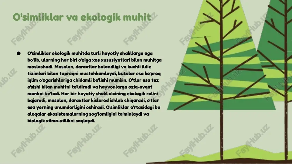yot siklini shakllantirib, ekosistemalarning barqarorligini ta'minlaydi. photo by kazuend on unsplash o'simliklarning iqlim o'zgarishiga moslashish jarayoni to'rt asosiy bosqichga bo'linadi: ko'chish, o'sish, ko'payish va tarqalish. har bir bosqichda iqlim o'zgarishi o'simliklarning yashashi uchun muhim sharoitlarni belgilaydi. 1 1) ko'chish: o'simliklar yangi sharoitlarga ko'chib o'tadi. 2) o'sish: o'simliklar yangi muhitda o'sishni boshlaydi. 3) ko'paya borish: o'simliklar ko'payish jarayoniga o'tadi. 4) tarqalish: o'simliklar yangi hududlarga tarqaladi. 4 iqlim o'zgarishi harorat va yog'ingarchilik kabi omillar orqali o'simliklar tarqalishiga ta'sir qiladi. masalan, ba'zi o'simliklar issiq va quruq sharoitlarga moslashishi mumkin, bu esa ularning yangi hududlarga tarqalishiga yordam beradi. 3 o'simliklar o'zgaruvchan iqlim sharoitida yangi joylarga ko'chib o'tishi natijasida biologik xilma-xillik oshadi. misol uchun, qurg'oqchil hududlarda yashovchi o'simliklar suvni tejash uchun turli xil adaptatsiyalarni rivojlantiradi. 2 o'simliklar va tuproq sifatini yaxshilash o'simliklar tuproq sifatini yaxshilashda muhim rol o'ynaydi. ular tuproqni oziqlantirish orqali unumdorligini oshiradi. masalan, o'simliklarning ildizlari tuproqdagi mineral moddalardan foydalangan holda, ularni organik birikmalarga …