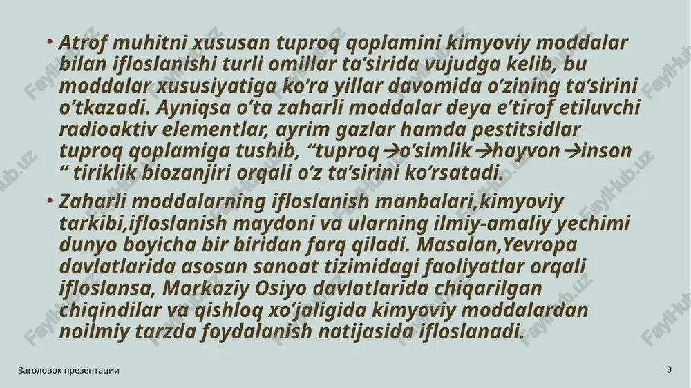 rning kesilishi va ularning qishloq xo'jaligi yerlariga aylanishi, ozon qatlamining buzilishi, global isish, sayyoramiz, iqlim o'zgarishlari, tabiiy ofatlar, to'planishi turli chiqindilar (shu jumladan radioaktiv), ma'lum bir o'simlik va havyonlar turlarining yo’qolishiga olib keladi. bular insonning omon qolishiga jiddiy xavf soladi va bugungi kunda biz isrofgarchilik dunyosida yashayapmiz, deb bahslashish mumkin. har kuni katta miqdordagi chiqindilar ishlab chiqariladi va atrof muhitni ifloslaydi. va bu inson salomatligiga juda katta ta’sir ko’rsatadi va turli xil kasalliklar kelib chiqishiga olib keladi. qisqa muddatli ta'sirlar natijasida kelib chiqqan konjenital anomaliyalar, astma, nafas olish yo'llari infektsiyalari, stress, tashvish, bosh og'rig'i, bosh aylanishi, ko'ngil aynishi, ko'z va nafas olish tizimi bilan bog’liq kasalliklar kelib chiqadi. uzoq muddatli ifloslanish sog'liqqa ta'siri surunkali bilan bog'liq kasaliklar nafas olish, yurak-qon tomir kasalliklari, saraton va miya, nervlar, jigar, limfa gematopoetik, o'pka va buyrak kasalliklari kelib chiqadi. aslida, chiqindilarni yoqish muammoni hal qilish uchun eng to'g'ri yechim emas atrof-muhitning ifloslanishi muammosi yuqorida …