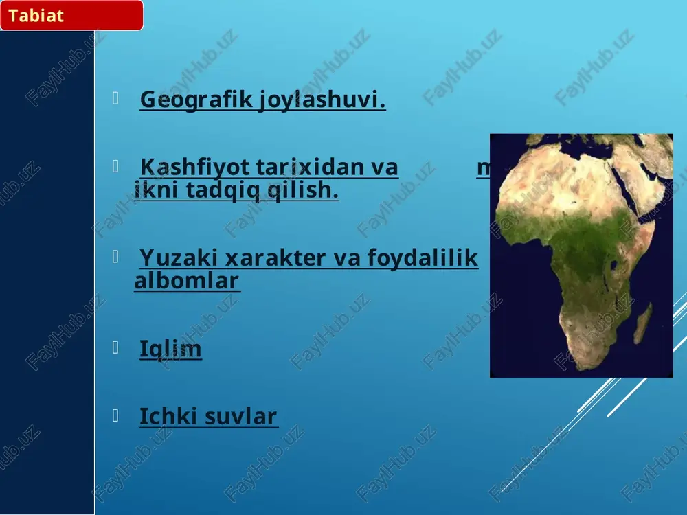 i o‘rganib, viktoriya sharsharasini kashf etdi. tabiat bilimingizni sinab ko'ring materikning ochilishi va tadqiqi tarixidan 5-rasm. sharshara viktoriya uy qurilishi mashq qilish stenli, genri morton 1841-1904 yillar u tanganika ko'lini o'rgangan va kongo daryosining oqimini kuzatgan. tabiat bilimingizni sinab ko'ring 4-rasm. mortonning sayohati materikning ochilishi va tadqiqi tarixidan uy qurilishi mashq qilish n. i. vavilov 1887-1943 yillar shimoliy va sharqiy afrikaga bir necha ekspeditsiya uyushtirdi. sinovdan o'ting tabiat bilimingizni sinab ko'ring materikning ochilishi va tadqiqi tarixidan uy qurilishi mashq qilish relyef va minerallar 5-rasm. materikning relyefi tabiat bilimingizni sinab ko'ring uy qurilishi mashq qilish katta daryolar: nil; kongo; zambezi. ko'llar: viktoriya; nyasa, tanganika. sharshara: viktoriya; ichki suvlar 9-rasm. materikning gidrografiyasi tabiat bilimingizni sinab ko'ring nil niger tanganika nyasa viktoriya zambezi kongo uy qurilishi mashq qilish 10-rasm. nil havzasi tabiat bilimingizni sinab ko'ring nil dunyodagi ikkinchi eng uzun daryodir uzunligi 6671 km (dunyoda 2-oʻrin) havzaning maydoni 2870 ming kv.km. u sharqiy …