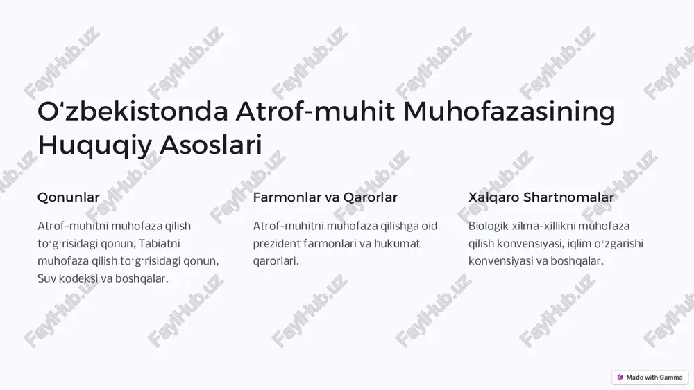 kuzatish, ekologik muammolarni aniqlash. https://gamma.app/?utm_source=made-with-gamma preencoded.png xulosa va istiqbollar oʻzbekistonda atrof-muhit muhofazasi sohasida erishilgan yutuqlarni mustahkamlash, ekologik muammolarni hal qilish, tabiatni saqlash va kelajak avlodlar uchun toza muhit yaratish muhim vazifalardir. https://gamma.app/?utm_source=made-with-gamma slide 1 slide 2 slide 3 slide 4 slide 5 slide 6 slide 7 slide 8 slide 9 slide 10