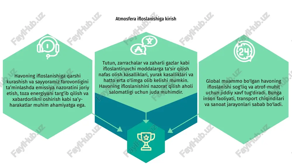 ishi mumkin. havoning ifloslanishi va bolalar salomatligi kelajak avlodlarimiz salomatligini muhofaza qilish va barcha uchun toza muhit yaratish uchun samarali siyosat va strategiyalar orqali havo ifloslanishiga qarshi kurashish juda muhimdir. atmosfera ifloslanishining ekologik oqibatlari havoning ifloslanishi jiddiy ekologik oqibatlarga olib keladi. bu tutun, kislotali yomg'ir va nafas olish kasalliklariga olib keladi. zaharli ifloslantiruvchilar ekotizimlarga zarar etkazadi va iqlim o'zgarishiga ta'sir qiladi. azot oksidi va oltingugurt dioksidi kabi ifloslantiruvchi moddalar o'rmonlar va suv havzalarini yo'q qilishga yordam beradi. bu biologik xilma-xillikka tahdid soladi va tabiiy yashash joylarini buzadi. havoning ifloslanishini kamaytirishga qaratilgan sa'y-harakatlar uning atrof-muhitga ta'sirini kamaytirish uchun juda muhimdir. toza energiya manbalarini joriy etish va chiqindilarni tartibga solish atrof-muhit va aholi salomatligini muhofaza qilishga yordam beradi. global isish va havoning ifloslanishi atmosferaning ifloslanishi va uning oqibatlari global isishga katta hissa qo'shmoqda. avtotransport vositalari va sanoat korxonalari chiqindilari issiqxona gazlarini chiqaradi, bu esa sayyoramizning isishiga olib keladi. matn haddan tashqari ifloslanish …