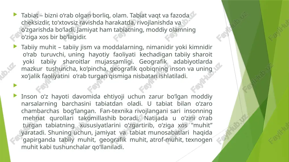 mma odamlarga xos boʻlgan muhim xususiyatlarini bildiradi[2]. falsafa, antropologiya, psixologiya, sotsiobiologiya, ilohiyot fanlari umumlashtirishning turli darajalarida inson tabiati va mohiyatini oʻrganish va izohlash bilan shugʻullanadi. biroq, tadqiqotchilar oʻrtasida inson tabiatining mavjudligi haqida ham umumiy fikr mavjud emas. tabiatni muhofaza qilish – bu tabiiy resurslar va atrof muhitni, shu jumladan oʻsimlik va hayvonot dunyosining xilma-xilligini, yer osti boyliklarini, gidroresurslar, oʻrmonlar va yer atmosferasining tozaligini saqlash, ulardan oqilona foydalanish va qayta tiklash boʻyicha ilmiy asoslangan chora-tadbirlardan iborat. tabiatni muhofaza qilishning asosiy maqsadi – odamlarning turmushi va kelajak avlod hayoti uchun qulay shart-sharoitlar yaratish, inson va tabiat oʻrtasidagi munosabatlarni uygʻunlashtirish va aholining ekologik madaniyatini oshirishdan iboratdir. shanxay hamkorlik tashkiloti davlat rahbarlari kengashining oʻtgan yilgi yigʻilishi yakunlari boʻyicha qabul qilingan nyu-dehli deklaratsiyasida aʼzo davlatlarning atrof-muhitni muhofaza qilish sohasidagi hamkorligi muhimligi taʼkidlanib, 2024-yil shhtga aʼzo mamlakatlarda “ekologiya yili” deb eʼlon qilingan edi. unga muvofiq davra suhbatlari, tanlovlar, seminarlar, konferensiyalar, interfaol oʻyinlar, ekologik aksiyalar, oʻquv maʼruzalari …