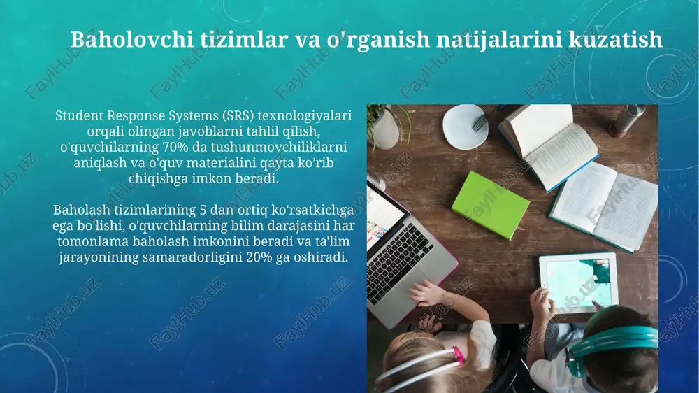 nterfaol o'yinlar, masalan, trivia yoki jumboqlar, o'quvchilarning 80% gacha bilimlarini mustahkamlashga yordam beradi, chunki ular motivatsiyani oshiradi va ma'lumotlarni o'zlashtirishni tezlashtiradi. zamonaviy o'quv muhitini yaratish o'quv jarayoniga sun'iy intellektni qo'llash orqali talabalarning individual ehtiyojlariga moslashtirilgan 20 dan ortiq shaxsiylashtirilgan o'quv rejalari yaratish mumkin. interfaol o'quv platformalari, masalan, moodle yoki google classroom, 100% gacha o'quv resurslariga kirishni ta'minlaydi va 5-10% gacha o'qituvchining ish yukini kamaytiradi. talabalarning o'rganish uslublarini aniqlash o'quv jarayonida talabalarga 3 xil turdagi savollar (yopiq, ochiq, bahsli) berish orqali ularning fikrlash uslublari va bilish darajalarini aniqlash mumkin. vakt (visual, auditory, kinesthetic, tactile) modeli asosida kamida 20 ta savol va topshiriqdan iborat testlar orqali talabalarning 4 ta asosiy o'rganish uslubini aniqlash samarali hisoblanadi. onlayn o'quv platformalaridan foydalanish onlayn platformalar orqali 1000 dan ortiq o'quvchilar bilan bir vaqtda real vaqt rejimida aloqa o'rnatish, masofaviy o'qitish samaradorligini sezilarli darajada oshiradi. o'quv materiallarini, masalan, videodarlar, testlar va interfaol mashqlarni 5 ta turli formatda …