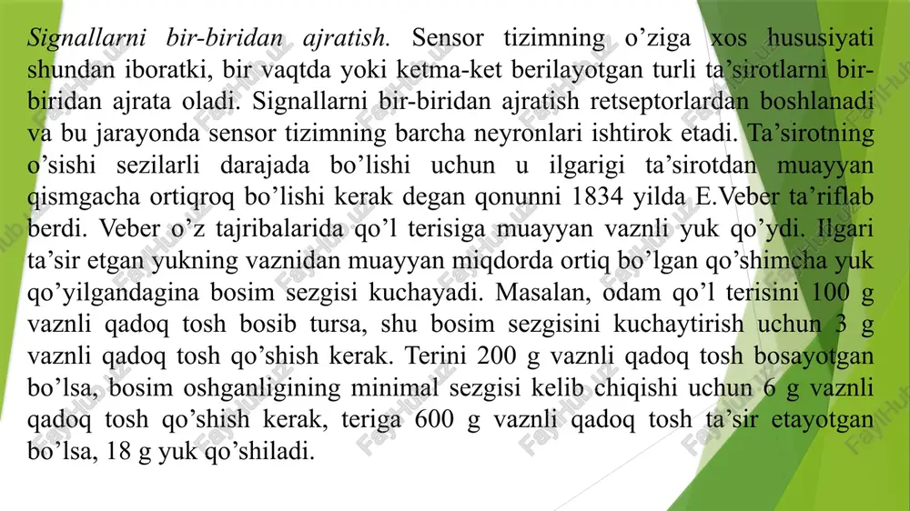 anda kuchli qo’zg’aladi va rag’bat ta’siri boshlanishi va tugashi to’g’risida axborot beradi. bu xildagi miyaga o’tkazuvchi axborot hajmini kamaytirish boshqa sensor tizimlarida ham uchraydi. retseptorlarning sinflanishi. amaliyotda retseptorlarning psixofiziologik sinflanishi muhim ahamiyatga ega bo’lib, ta’sirotlarga nisbatan sezish xarakteriga ko’ra: insonlarda ko’ruv eshituv, hid biluv, ta’m biluv retseptorlari, termo-proprio- vestibuloretseptorlar va og’riq retseptorlari tafovut etiladi. retseptorlar ichki va tashqi retseptorlar deb ataluvchi ikkita katta guruhga ham bo’linadi. ichki retseptorlar (interoretseptorlar) va tashqi (ekstraretseptorlar). interaretseptorlarga vestibulo-va proprioretseptorlar (tayanch-harakat apparatini retseptorlari) hamma vistseroretseptorlar (ichki organlar holatidan signal beruvchi) retseptorlar kiradi. ekstraretseptorlarga esa eshituv, ko’ruv, hid biluv, ta’m biluv retseptorlari kiradi. retseptorlarning tashqi muhit bilan aloqasining xarakteriga ko’ra distant, ta’sirlovchi manbadan axborotni ma’lum masofadan qabul qilinadi. (ko’ruv, eshituv va hid biluv) va kontakt, retseptorlar ta’sirlovchini bevosita ta’sirida qo’zg’aladi (tam biluv, taktil). ta’sirlovchilarning tabiatiga ko’ra: retseptorlar: fotoretseptorlar, mexanoretseptorlar va boshqalarga bo’linadi. barcha retseptorlar birlamchi – sezuvchi va ikkilamchi – sezuvchi retseptorlarga bo’linadi. birlamchi sezuvchi retseptorlarga …