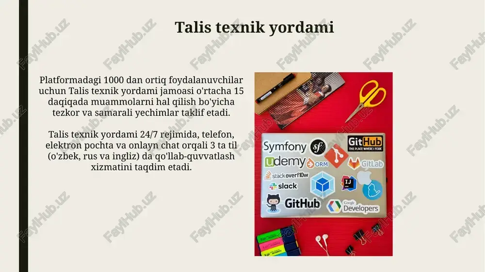 osiy menyu orqali 100 dan ortiq resurslarga tezkor kirish imkonini beradi, bu esa navigatsiyani soddalashtiradi. talis xavfsizligi va maxfiyligi tizimdagi barcha operatsiyalar xavfsizlik jurnallarida qayd etilib, 90 kun davomida saqlanadi va bu ma’lumotlar faqat vakolatli xodimlar tomonidan ko’rib chiqilishi mumkin. talisning maxfiylik siyosati gdpr va boshqa tegishli qonunlarga muvofiq tuzilgan bo’lib, foydalanuvchi ma’lumotlarining konfidentsialligi va yaxlitligini ta’minlaydi. talis o'quv dasturlari platformada 5000 dan ortiq foydalanuvchi hisobi mavjud bo'lib, ularning 80% i o'quv natijalarini sezilarli darajada yaxshilaganliklarini ta'kidlaydilar. talis o'quv dasturlari lms tizimlari bilan mukammal integratsiyalashgan bo'lib, o'qituvchilarga o'quv jarayonini kuzatib borish va baholash imkoniyatini beradi, shuningdek, 24/7 texnik yordam mavjud. e'tiboringiz uchun rahmat @taqdimot_robot image1.jpg image2.jpg image3.jpg image4.jpg image5.jpg image6.jpg image7.jpg image8.jpg image9.jpg image10.jpg image11.jpg image12.jpg