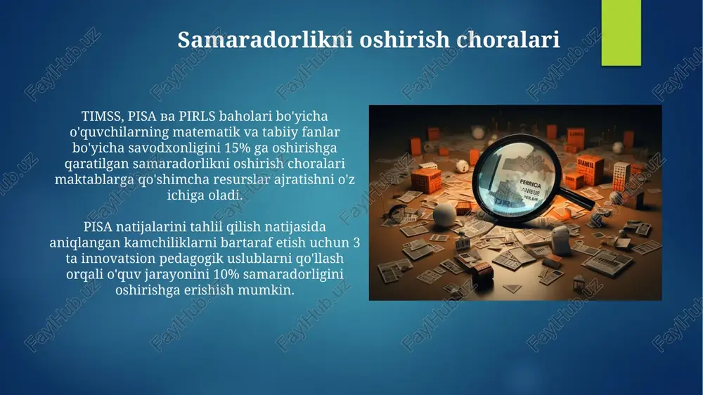 siyosati va baholar o'rtasidagi bog'liqlik timss, pisa va pirls baholari bo'yicha o'zbekistonning o'rtacha ko'rsatkichlari ta'lim siyosatining samaradorligini baholashda muhim rol o'ynaydi, masalan, matematikada 400 balldan kam natijalar ta'lim strategiyasini qayta ko'rib chiqish zarurligini ko'rsatadi. ta'lim siyosatining o'zgarishlari va keyingi timss, pisa va pirls baholaridagi yutuqlar yoki regressiyalar o'rtasidagi korrelyatsion tahlil ta'lim islohotlarining ta'sirini aniqlashga yordam beradi, masalan, 10% o'sish 5 yillik islohdan keyin kuzatilgan. muammolar va qiyinchiliklar o'quvchilarning 40% matematika va tabiiy fanlar bo'yicha past natijalar ko'rsatishi, o'qituvchilarning malaka oshirish va o'quv resurslarining yetishmasligi bilan bog'liq. timss, pisa va pirls baholariga ko'ra, 30% maktablar o'quv dasturlarini samarali amalga oshirishda qiyinchiliklarga duch kelmoqda, bu esa o'quv natijalariga salbiy ta'sir ko'rsatadi. timss, pisa va pirls baholari: umumiy nuqtai pisa baholari, global miqyosda taqqoslash imkonini berib, o'quvchilarning muammo yechish va tanqidiy fikrlash ko'nikmalarini baholash orqali, ta'lim siyosatini shakllantirishda muhim rol o'ynaydi. pirls baholari o'qish savodxonligini 4-sinf o'quvchilari orasida o'lchab, o'qish bo'yicha davlat darajasidagi …