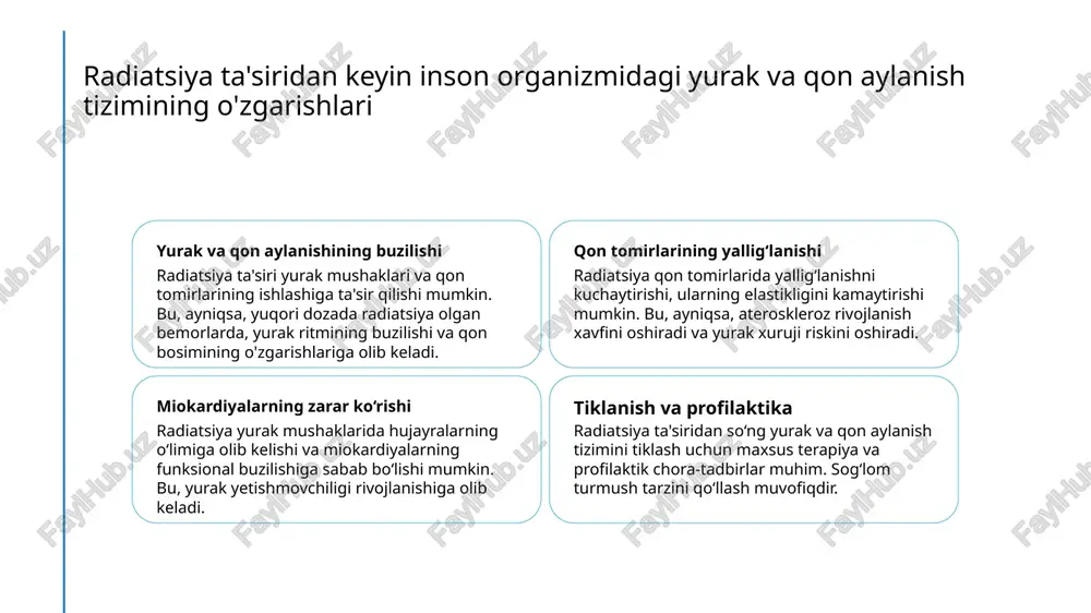 nishni qiyinlashtiradi. 4 tiklanish mexanizmlari va so'nggi bosqich hujayra o'z-o'zini tiklaydi va genetik materialni tuzatadi, ko'pincha bu jarayonlar ko'p vaqt va murakkab biokimyoviy reaktsiyalarni talab qiladi. radiatsiya bilan bog'liq biokimyoviy jarayonlarni tushunish va inson salomatligini saqlash uchun muhim yondashuvlar biokimyoviy reaktsiyalarni tushunish tiklanish mexanizmlari salomatlikni saqlash strategiyalari radiatsiya inson organizmida dna va hujayra funksiyalariga ta'sir qiladi. bu jarayonlarni bilish, zararlarni aniqlash va profilaktika usullarini rivojlantirish uchun muhimdir. biokimyoviy jarayonlar yordamida hujayralar o'zini tiklaydi, oksidlovchi stressni kamaytiradi va genetik materialni saqlab qoladi, bu esa sog'liqni mustahkamlashga yordam beradi. radiatsiyadan keyin biokimyoviy muvozanatni saqlash uchun antioksidantlar va dorilar qo'llaniladi. bu yondashuvlar organizmni zararli ta'sirlardan himoya qilishda muhim ahamiyatga ega. radiatsiyadan so'ng inson salomatligini tiklashdagi asosiy qadamlar va davolash usullari 01 tibbiy yordam va monitor radiatsiyadan so'ng, bemorlarning sog'ligini kuzatish va tibbiy yordam ko'rsatish muhim. bu jarayonda qon aylanishi va ichki organlar holati nazorat qilinadi. 02 qon to'yinganligini tiklash dastlabki davrda qon tarkibini …