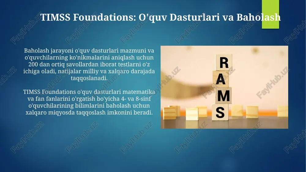 nda 500 dan ortiq maktab va 10000 dan ortiq o'qituvchi ishtirok etgan. o'qituvchilarning professional rivojlanishi va o'zaro hamkorligi timss foundations tadqiqotida muhim ahamiyatga ega bo'lib, samarali pedagogik amaliyotlarni qo'llash va o'quv natijalarini yaxshilashda muhim rol o'ynaydi. timss foundations: umumiy ma'lumot tadqiqot natijalari o'quv dasturlarini takomillashtirish, o'qituvchilarni malakasini oshirish va o'quv jarayonini yaxshilash uchun muhim ma'lumotlar beradi, bu esa o'quv natijalarini yaxshilashga qaratilgan. timss foundations, matematikada sonlar, geometriya va algebra kabi asosiy tushunchalarni, tabiiy fanlarda esa biologiya, fizika va kimyo elementlarini baholaydi, bu esa o'quvchilarning bilim darajasini aniqlashga yordam beradi. timss foundations: tabiiy fanlardan baholash timss foundations tadqiqoti 4-sinf va 8-sinf o'quvchilarining matematika va fan fanlari bo'yicha bilim va ko'nikmalarini baholashga qaratilgan bo'lib, xalqaro miqyosda taqqoslash imkonini beradi. tadqiqot natijalari milliy ta'lim siyosatini takomillashtirish, o'quv dasturlarini qayta ko'rib chiqish va o'qituvchilarni malaka oshirishga yo'naltirilgan qarorlar qabul qilish uchun muhim ma'lumotlarni taqdim etadi. timss foundations: kuchli va kuchsiz tomonlar timss foundations natijalari …