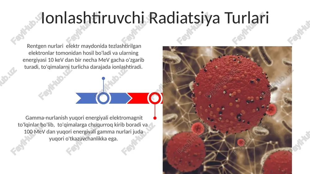ing 5 yillik omon qolish ko'rsatkichi, bosqichga va hujayra turiga qarab, 20% dan 80% gacha o'zgaradi. davolash rejimi, bemorning yoshi, umumiy sog'lig'i va o'smaning lokalizatsiyasi kabi omillar prognosni sezilarli darajada o'zgartiradi. turli to'qimalarning radiatsiyaga sezgirligi radiatsiya ta'siridan keyin to'qimalarning tiklanish sur'ati turlicha: ichak shilliq qavati tez tiklanadi, biroq o'pka to'qimasi ancha sekin tiklanadi, bu esa surunkali radiatsion shikastlanish xavfini oshiradi. turli to'qimalarning radiatsiyaga sezgirligi hujayralarning bo'linish tezligiga bog'liq bo'lib, yuqori bo'linish tezligiga ega to'qimalar (masalan, limfa to'qimasi) past tezlikdagilarga (masalan, suyak to'qimasi) nisbatan 10 baravar ko'proq sezgir. radiatsiya dozasi va ta'sirining bog'liqligi linear no-threshold modelga ko'ra, har qanday miqdordagi radiatsiya dozasi malign o'sma xavfini oshiradi, bu xavf dozasi bilan chiziqli ravishda ortadi, ya'ni 10 gy dozasi 5 gy dozasi bilan solishtirganda xavfni ikki barobar oshiradi. radiatsiya dozasi 1-2 gy oralig'ida bo'lganda, hujayralardagi dnkga zarar yetkazishi mumkin, ammo organizm ta'mirlash mexanizmlari bu zararni bartaraf etishga qodir. e'tiboringiz uchun rahmat @taqdimot_robot image4.jpg …
