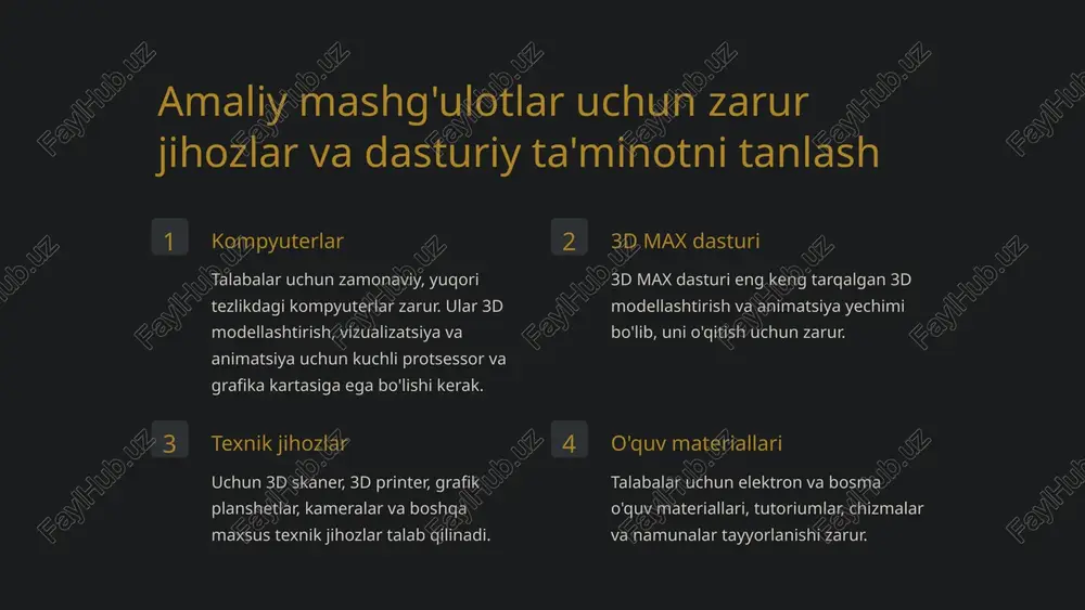 krorlash amaliy mashg'ulotdan oldin o'qituvchi talabalarni oldingi dars materialini takrorlashga undaydi. yangi mavzu bo'yicha ma'lumot berish o'qituvchi yangi mavzu bo'yicha tushunchalarni batafsilroq tushuntiradi, misollar keltiradi va talabalarni qiziqtiradi. amaliy mashg'ulotni bajarish talabalar o'qituvchining ko'rsatmalari asosida amaliy mashg'ulotni amalga oshiradilar. natijalarni tahlil qilish talabalar amaliy mashg'ulot natijalarini tahlil qiladilar, qanday qiyin joylarni uchratganlarini muhokama qiladilar. 7 talabalarning bilimlarini baholash talabalarning bilimlarini baholash uchun quyidagi yondashuv taklif etiladi: 50% amaliy mashg'ulotlar amaliy mashg'ulotlar davomida talabalarning 3d modellar loyihalash va animatsiya yaratish bo'yicha ko'nikmalarini baholash. 30% yakuniy ish yakuniy loyiha sifatida talabalardan 3d animatsiya yoki interaktiv 3d sahna loyihasini taqdim etishlari talab qilinadi. 20% yozma test 3d max dasturi, 3d modellar yaratish va animatsiya texnologiyalari bo'yicha bilimlarni tekshiruvchi yozma test. ushbu yondashuv orqali talabalarning 3d modellar loyihalash, animatsiya yaratish, dastur funksionalligi va texnologiyalari bo'yicha yaxlit bilim va ko'nikmalarini baholash imkonini beradi. 8 amaliy mashg'ulotlarni takomillashtirish uchun takliflar amaliy mashg'ulotlarni takomillashtirish uchun quyidagi takliflarni …