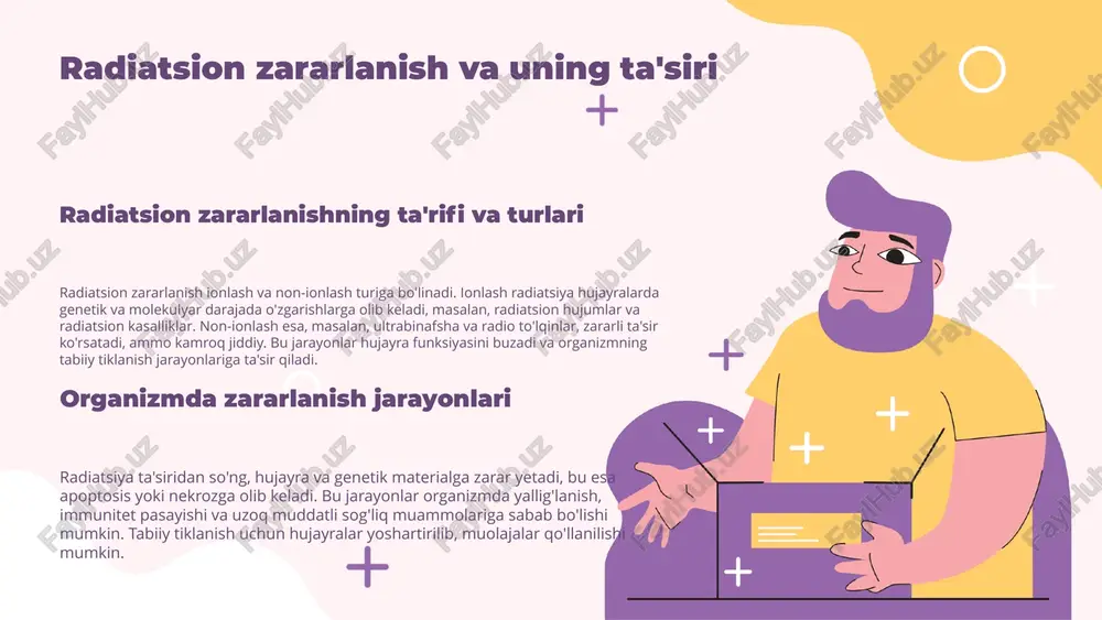 yoni shaxsiy, genetika va biologik xususiyatlarga asoslangan muolajalar bilan muvaffaqiyatli bo'ladi. bu ta'sirni kamaytiradi. xulosa radiatsion zararlanish va uning ta'sirlarini qisqacha yodga solamiz, bu xavfsizlik va sog'liq uchun muhim. tiklanish jarayonlari organizmda qanday ishlashini va tibbiyotda ularni qo'llash imkoniyatlarini ko'rib chiqamiz. hujayra va immun tizimining roli muhim. zamonaviy usullar va innovatsiyalar bilan tiklanishni yanada rivojlantirish mumkin. xavfsizlik uchun radiatsiya xavfini boshqarish mas'uliyatini unutmang. foydalanilgan adabiyotlar 1. o‘zbekiston milliy universiteti. radiatsiya xavfi va uning tibbiyotdagi qo‘llanilishi. toshkent: o‘zbekiston milliy universiteti nashriyoti, 2018. 2. samarqand davlat universiteti. radiatsiya ta’siri va organizmdagi tiklanish mexanizmlari. samarqand: sdu nashriyoti, 2020. 3. toshkent tibbiyot akademiyasi. radiatsiyadan zarar va tiklanish jarayonlari. toshkent: tta nashriyoti, 2019. 4. xalqaro radiatsiya va sog‘liqni saqlash jamiyati. radiatsion zararlanish va organizm tiklanishi bo‘yicha maqolalar to‘plami. 2021. 5. farg‘ona davlat universiteti. radiatsiya ta’siridan keyingi tiklanish mexanizmlari. farg‘ona: fdu nashriyoti, 2022. e'tiboringiz uchun rahmat! image1.png image2.png image3.png image4.png image5.png image6.png image7.png image8.png image9.png image10.png …