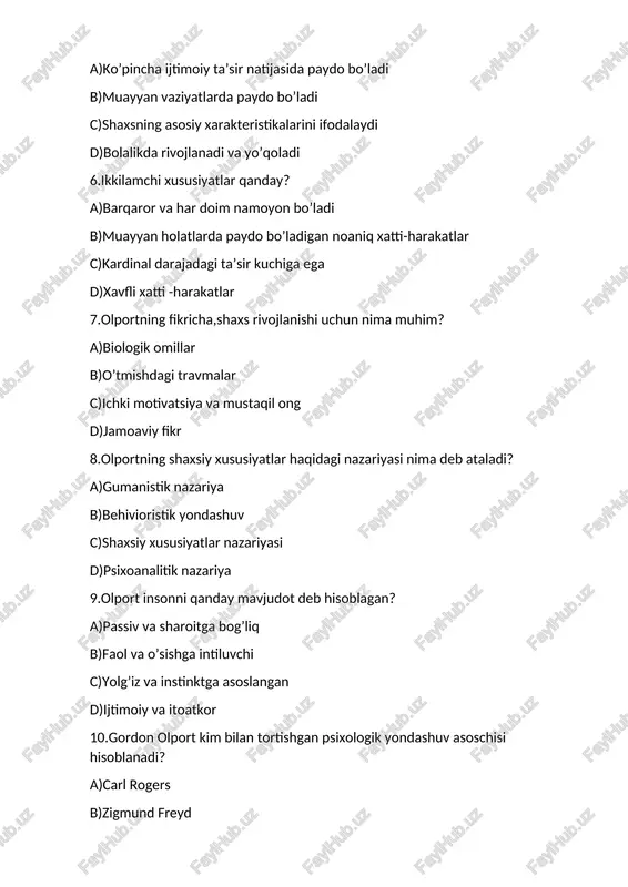 erapiya o-ong i-iroda y-yuksalish a-autizm 2.idrok i-identifakatsiya d-depressiya r-reaksiya o-ojizlik k-ko’nokma 3.ong o-ochiqlik n-nevroz g-gipnoz 4.shaxs s-subyektiv dunyoqarash h-his –tuyg’u a-anglaydi va talqin qiladi x-xulq -atvor s-shaxsiy konstruktlar tizimi 5.gordon g-g’oya o-o’ziga xoslik r-rivojlanish d-dinamiklik o-onglilik n-niyat 6.olport o-ong l-liderlik p-psixologiya o-orzu r-reaksiya t-tavif 7.refleks r-resurslar e-evokatsiya f-fobiya l-libido e-ekstroversiya k-kreativlik s-senzitivlik 8.emotsiya e-emotsiya m-madaniyat o-ongosti t-travma s-stress i-idrok y-yoshlik a-adaptatsiya 9.motivatsiya m-motivatsiya o-obyektivlik t-trening i-individuallik v-variantlar orqali o’zini anglash a-assotsiatsiya t-tafakkur modeli s-sotsiometriya i-ichki xotirjamlik y-yechim a-amaliyot 10.temperament t-tafakkur e-emotsiya m-motivatsiya p-psixoanaliz e-ekstraversiya r-refleks a-amneziya m-mas’uliyat e-ego n-nevroz t-tuyg’u 5-topshiriq krassvord 1.olportning o’rgangan asosiy mavzu? 2.insonning kundalik hayotiga kuchli ta’sir ko’rsatuvchi asosiy sifat? 3.shaxsiyatni umumiy qonuniyatlar asosida o’rganish yondashuvi? 4.har bir insonning o’ziga xos,barqaror sifatlari nima deb ataladi? 5.muayyan holatda namoyon bo’ladigan doimiy bo’lmagn sifatlar? 6.shaxsiyatni individual yondashuvda o’rganish usuli? 7.shaxsiyat nazariyasining asoschilaridan biri? 8.juda kam odamlarda uchraydigan,barcha xatti-harakatlar nazariyasi? 9.olportning tug’ilgan davlati? 10.insonning ongli ravishda harakat qilish sababi? …