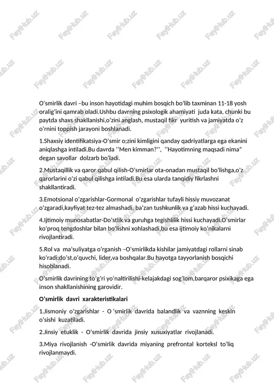 o’ynaydi. yangi do’stlar o’smirlik davrida o’z manfaatlarini bo’lishishga tayyor bo’lgan yangi do’stlar paydo bo’ladi. yangi do’stlar o’smirning ijtimoiy aylanasini kengaytiradi uni yangi tajribalarga jalb qiladi. o’smirlik davrida sog’lom turmush tarzini shakllantirish. to’g’ri ovqatlanish -o’smirlik davrida tananing o’sishi va rivojlanishi uchun yetarli miqdorda vitamin va minerallarga boy ovqatlarni iste’ mol qilish muhimdir.o ‘smirlar meva , sabzavot sut mahsulotlari va oqsilga boy oziq- ovqatlarni iste’mol qilishlari kerak. jismoniy mashqlar -jismoniy mashqlar o’smirlarning sog’ligini mustahkamlashga ularning jismoniy va aqliy rivojlanishiga ijobiy ta’sir ko’rsatadi. kundalik jismoniy mashqlar immunitetni mustahkamlaydi stress va charchoqni kamaytiradi uyqu sifatini yaxshilaydi. mas’uliyatni o’z zimmasiga olish -o’smirlik davri mustaqil hayotga tayyorlanishda o’ziga xos bosqichdir.ularning o’z xatti -harakatlari uchun mas’ulyatni o’z zimmasiga olishni o’rganishlari kerak. moliyaviy bilim -moliyaviy savodxonlik o’smirlar uchun muhimdir.pulni tejash sarflash va boshqarishni o’rganish ularning kelajagida mustaqil hayot kechirishga yordam beradi. 2.o’smirlik davrida emotsional o’zgarishlar. o’smirlik davri -bu bolalikdan kattalik sari o’tish davri bo’lib jismoniy aqliy va emotsional …