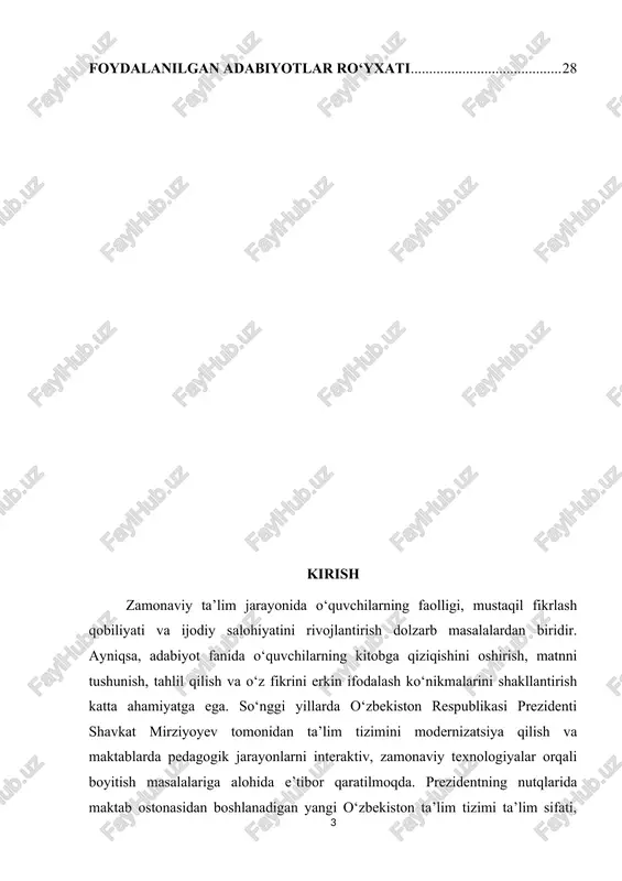 ikma va malakalarini mustahkamlashda katta ahamiyat kasb etadi. didaktik oʻyinlar o‘quvchilarda motivatsiyani oshiradi, ijodiy fikrlashni rivojlantiradi, o‘rganilayotgan mavzularni esda qolarli qiladi hamda darslarni interaktiv va samarali o‘tkazishga imkon yaratadi. shu bois, adabiyot darslarida didaktik oʻyinlardan foydalanish nafaqat ta’lim sifatini oshirish, balki o‘quvchilarning adabiy didini, nutq madaniyatini va estetik tafakkurini rivojlantirishda ham dolzarb masala hisoblanadi. pedagogik amaliyotda didaktik oʻyinlarni qo‘llash o‘qituvchilarga dars jarayonini individual va guruh ishlari orqali samarali tashkil etish imkonini beradi, bu esa zamonaviy ta’lim talablariga mos keladi. kurs ishining ahamiyati adabiyot darslarida didaktik oʻyinlardan foydalanish o‘quv jarayonini boyitish va samarali tashkil etishda katta ahamiyatga ega. o‘yinlar o‘quvchilarning faolligini oshiradi, mustaqil fikrlash va ijodiy yondashuvni rivojlantiradi hamda darslarni interaktiv va qiziqarli qiladi. shu orqali o‘quvchilar o‘rganilayotgan mavzularni chuqurroq tushunadi va bilimlarini mustahkamlaydi. didaktik oʻyinlar o‘qituvchilarga dars jarayonini turli metodlar bilan boyitish, o‘quvchilarni individual va guruh ishlari orqali rag‘batlantirish, darsni samarali tashkil etish imkonini beradi. shu bilan birga, o‘quvchilar adabiy …