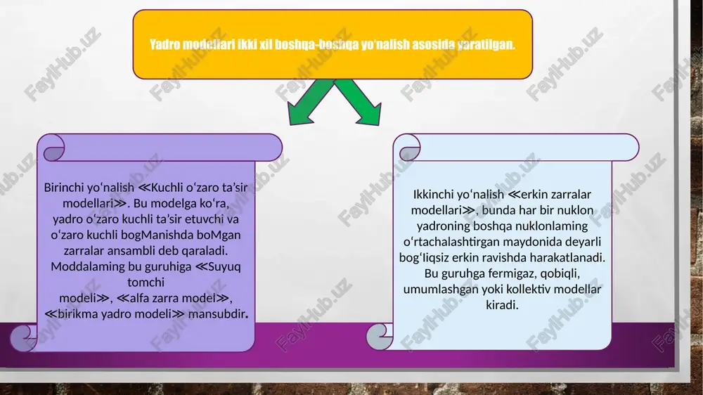 h energiyalari va uyg‘onish energiyalari yuqori, reaksiya effektiv kesimi kichik, radioaktiv oilalar yemirilib, shu yadrolarga kelib to‘xtaydi (barqarorlashadi). bundan tashqari, elektr kvadrupol momentlari nol bomadi. bu sonlarga magik sonlar, yadrolarga magik yadrolar deb ataladi. qobiqli model qobiqli modelning mualliflari m.gmayer (1906 — 1972), o.xankel, x.yensen (1907 — 1973) va zyuslar hisoblanadi. qobiqli modelga ko‘ra, nuklonlar yadro zichligi (p = 21 o’4 g/sm3) bomishiga qaramasdan, yadro ichida bir-biri bilan to‘qnashmay, o‘zaro moslashgan holda butun nuklonlar tomonidan vujudga kelgan yadro maydonida deyarli aloqasiz orbitalarda harakat qiladi deb qaraladi. bunday holda atomdagi elektron harakati kabi nuklonlar harakati (ya, /, j, m) kvant sonlari bilan xarakterlanadi. proton va neytronlar alohida energiya ortishi tartibida ketma-ket energiya holatlariga joylashadi. 18 etiboringiz uchun raxmat image3.jpg image4.gif image5.gif image6.jpg image7.png image8.jpeg image9.gif image10.png image11.gif image12.gif /docprops/thumbnail.jpeg