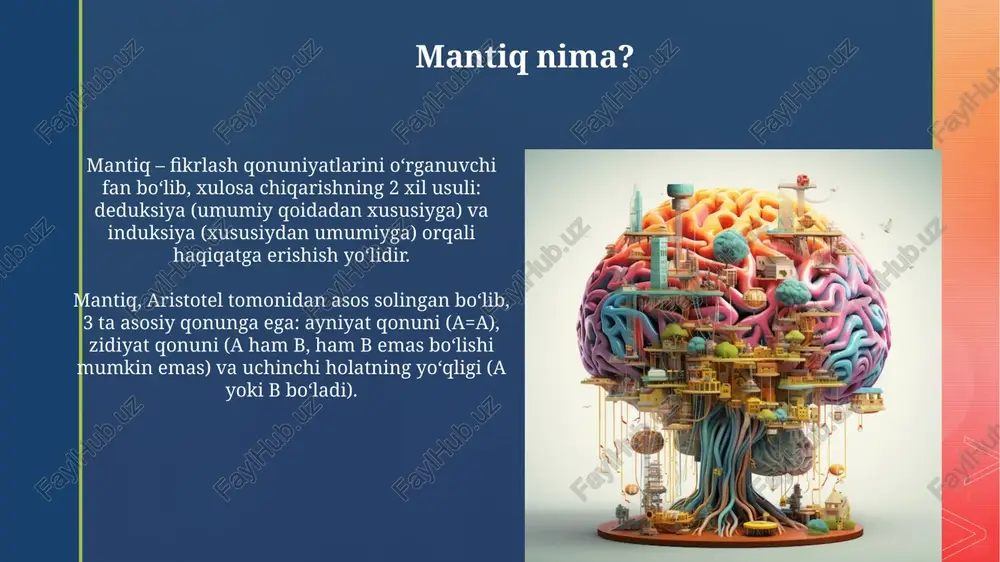 ematik mantiq, masalan, godelning to'liqsizlik teoremasi, har qanday yetarlicha kuchli aksiomatik tizimda isbotlab bo'lmaydigan rost bayonotlar mavjudligini ko'rsatib, chegara muammolarini o'rganadi. mantiq va falsafa mantiq va falsafa, ayniqsa, forobiyning asarlarida, kategorik xulosalar uchun 'birinchi shakl'ning 14 ta validli usuli muhokama qilinadi. ibn sino mantiqda modal mantiqni rivojlantirib, zaruriy, mumkiniy va imkonsiz kabi 3 ta modal operatorlarni kiritdi hamda ularni tahlil qildi. mantiq va kompyuter fanlari mantiq kompyuter fanlarida axborotni ifodalash va qayta ishlash uchun asos bo'lib xizmat qiladi, masalan, boolean algebra 1 va 0 orqali mantiqiy amallarni bajarishga imkon beradi. kompyuter arxitekturasida mantiqiy elementlar (and, or, not) mantiqiy sxemalar yaratishda ishlatiladi, bu esa 2 ning n darajasi bo'lgan murakkab hisoblashlarni amalga oshirishga yordam beradi. sun'iy intellektda mantiq sun'iy intellektda mantiqiy programmalashtirish, masalan prolog, 1970-yillardan boshlab qo'llanilib, faktlar va qoidalar asosida bilimlarni ifodalashga imkon beradi va avtomatik xulosa chiqarishga yordam beradi. noaniq mantiq (fuzzy logic) sun'iy intellekt tizimlarida 0 va 1 …