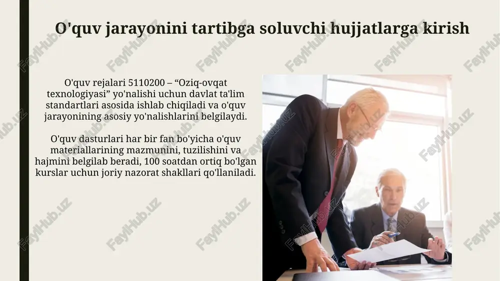 lar muassasa hududida axloq qoidalariga rioya qilishlari, mulkni asrashlari, sanitariya va gigiena talablariga qat'iy amal qilishlari shart. baholash tizimi va attestatsiya baholash tizimi o'quv jarayonida talabalarning bilim darajasini aniqlash uchun 100 ballik shkala asosida baholaydi, bu ularning o'zlashtirish sifatini belgilaydi. attestatsiya davlat ta'lim standartlariga muvofiqligini aniqlash uchun o'quv yurtlari faoliyatini baholashning muhim bosqichidir, har 5 yilda o'tkaziladi. yakuniy davlat attestatsiyasi yakuniy davlat attestatsiyasi (yda) - bu talabalarning o'quv dasturini to'liq o'zlashtirganlik darajasini baholovchi majburiy jarayon bo'lib, oliy va o'rta maxsus ta'lim vazirligi tomonidan tartibga solinadi. yda natijalari diplomga ilova qilinadi va talabaning bakalavriat/magistratura darajasini olish huquqini belgilaydi. baholash mezonlari № xx-sonli normativ hujjat bilan tasdiqlangan. malaka talablari “malaka talablari” muayyan lavozim yoki kasb uchun zarur bo‘lgan bilim, ko‘nikma va qobiliyatlar majmuasini belgilaydi, masalan, 3-darajali payvandlovchi uchun 10 dan ortiq talab mavjud. ushbu talablar o‘zbekiston respublikasi vazirlar mahkamasining 2021-yil 22-fevraldagi 85-sonli qarori bilan tasdiqlangan “kasblar klassifikatori”ga muvofiq ishlab chiqiladi va 5 …