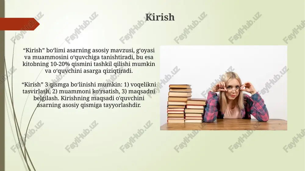 tazam takrorlash, tovushlarni aniq talaffuz qilish uchun artikulyatsiya organlarini mashq qildiradi. nafas olish texnikalari, masalan, diafragma bilan nafas olish, ovozni nazorat qilish va ta'sirchan o'qish uchun muhim bo'lgan havo oqimini barqarorlashtirishga yordam beradi. xulosa xulosa, asosan, kitobning asosiy fikrlari va argumentlarining qisqa va aniq bayonidir, odatda, 200-300 so'zdan oshmaydi. u 3-5 ta asosiy nuqtani jamlaydi. xulosada muallifning maqsadini, asosiy dalillarni va muhim natijalarni, masalan, 7 asosiy topilmani ta'kidlash kerak, lekin yangi ma'lumotlar kiritilmasligi lozim. e'tiboringiz uchun rahmat image2.jpg image3.jpg image4.jpg image5.jpg image6.jpg image7.jpg image8.jpg image9.jpg image10.jpg image11.jpg image12.jpg image13.jpg