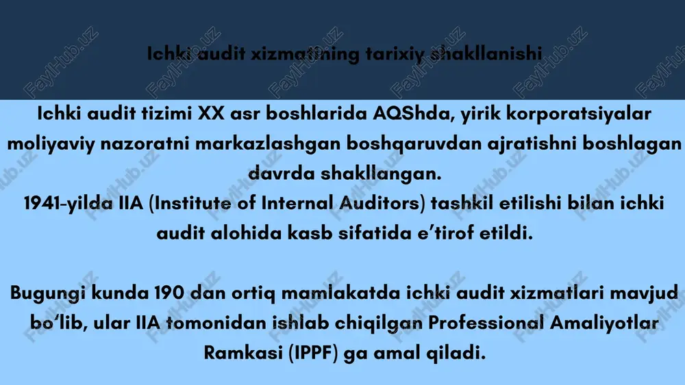 hilab nazorati o‘rnatilgan jarayonlarda keng foydalanish mumkin. • yuqori riskli sohalarda faqat cheklangan va minimal darajada foydalanish maqsadga muvofiq. • auditor barcha asosiy qarorlarni o‘z zimmasiga oladi. bu holda ichki auditor tashqi auditor yo‘naltirishi va nazorati ostida ba’zi audit tashabbuslarida ishtirok etadi. quyidagilar sifatida ishlatilishi mumkin: • tekshiruvi kam bo‘lgan jarayonlarni audit jamoasi bilan birgalikda bajarish • kassa, ombor, inventarizatsiya kabi jarayonlarda ishtirok etish eslatma: auditor ichki auditorni mustaqilligiga tahdid soladigan qarorlar (moliyaviy hisoblarni baholash) bilan shug‘ullanturolmaydi. tashqi auditor quyidagilarni amalga oshirishi shart: • ichki auditorlar tomonidan tayyorlangan xulosalar va hujjatlarni o‘qish • auditorlik jamoasi tomonidan taqdim etilgan uchinchi bosqich testlarini bajarish • ish natijalarini hujjatlarda qayd etish kengaytirilgan auditorlik metodlari va yangi tendensiyalar • data analytics — ichki audit nazorat jarayonlarini avtomatik tarzda tekshirish • coso va coso erm ramkalari — risklarning boshqaruvi va nazoratni yaxshilash • integrated assurance model — ichki audit va ichki nazorat integratsiyasi so‘nggi yillarda …