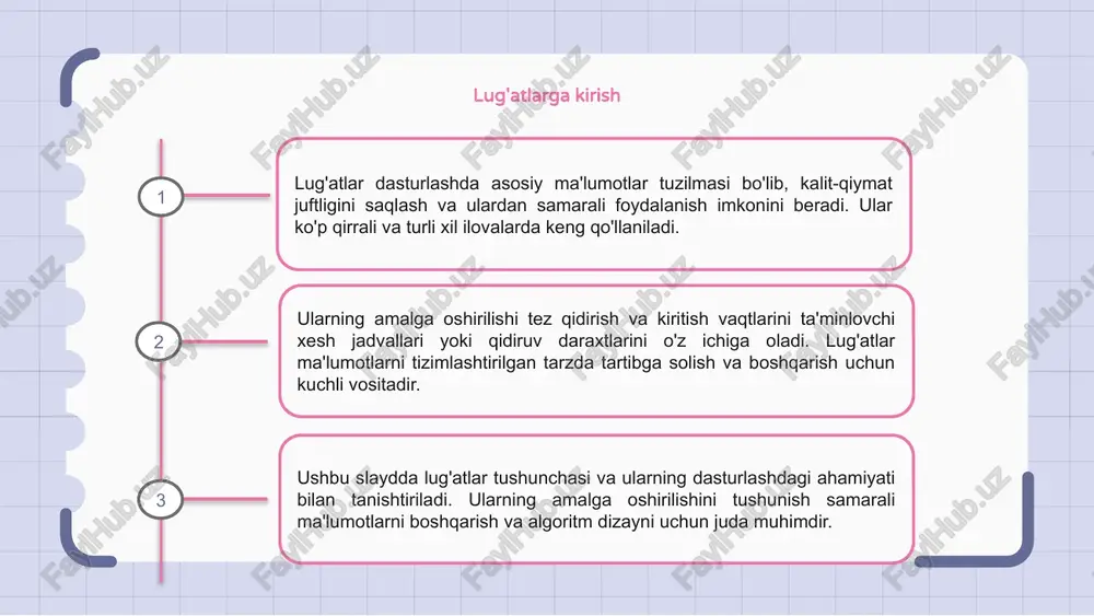 arini saqlaydigan ko'p qirrali ma'lumotlar tuzilmalaridir. lug'atga elementlar qo'shish yangi kalitga qiymat berish orqali amalga oshiriladi. lug'atdan elementlarni olib tashlash uchun "del" kalit so'zi o'chiriladigan elementning kaliti bilan birga ishlatiladi. ushbu operatsiya lug'atda dinamik o'zgarishlarga imkon beradi. lug'atlarga elementlarni qanday qo'shish va olib tashlashni tushunish python dasturlarida ma'lumotlarni samarali boshqarish uchun juda muhimdir. kodingizni optimallashtirish uchun ushbu operatsiyalardan foydalaning. 1 2 3 lug'at operatsiyalari va murakkabligi lug'atlar - bu kalit-qiymat juftlarini saqlaydigan ma'lumotlar tuzilmalari. ular tez olish uchun xesh-jadvallar yordamida amalga oshiriladi. lug'at operatsiyalari qo'shish, o'chirish, olish va yangilash operatsiyalarini o'z ichiga oladi. lug'at operatsiyalarining murakkabligi amalga oshirilishiga qarab o'zgaradi. umuman olganda, elementlarni qo'shish va olish o (1) murakkablikka ega, elementlarni olib tashlash va yangilash esa o (n) murakkablikka ega. lug'atlarning ishlashi va murakkabligini tushunish ma'lumotlarni samarali boshqarish uchun juda muhimdir. lug'atlarni to'g'ri qo'llash va ulardan foydalanish dasturning ishlashini sezilarli darajada yaxshilaydi. lug'at tadbiqlarini solishtirish lug'atlar kalit-qiymat juftligini saqlash uchun …