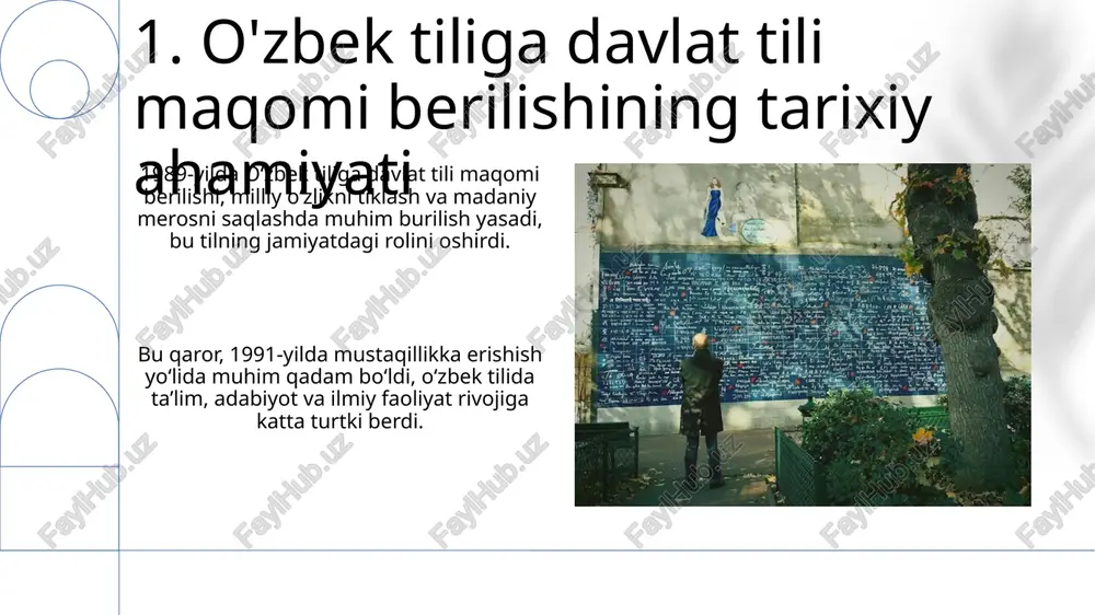 t tili sifatida tan olinishi, "til va milliy o'zlikni anglash" jarayonida 32 milliondan ortiq o'zbekistonliklar uchun muhim ahamiyatga ega bo'ldi. 10. o'zbek tilining rivojlanish bosqichlari davlat tili maqomidan so'ng 1995-yilda yangi o'zbek alifbosi lotin yozuviga asoslangan holda qabul qilinishi tilning kompyuter texnologiyalari bilan integratsiyasini tezlashtirdi, bu esa adabiyot tarqalishiga yordam berdi. davlat tili maqomi o'zbek tilida darsliklar, o'quv qo'llanmalari va ilmiy adabiyotlar nashr etish hajmini oshirdi, bu esa milliy ta'lim tizimining sifatini yaxshilashga xizmat qildi. 11.ta'lim tizimida o'zbek tilining roli o'zbek tilining ta'lim tizimida ustuvor maqomi, 1989-yildan so'ng, ona tilida darsliklar yaratish va o'qitish metodikasini takomillashtirishga turtki berdi, bu esa milliy o'zlikni anglashni kuchaytirdi. 90-yillarda o'zbek tilida oliy ta'lim yo'nalishlarining kengayishi, xususan, gumanitar fanlar bo'yicha, milliy kadrlarni tayyorlash imkoniyatini oshirdi va o'zbek tilshunosligini rivojlantirdi. 12.ommaviy axborot vositalarida o'zbek tili 1989-yilda "davlat tili haqida"gi qonun qabul qilinganidan so'ng, o'zbek tilida nashr etiladigan gazeta va jurnallar soni sezilarli darajada oshdi, bu esa …