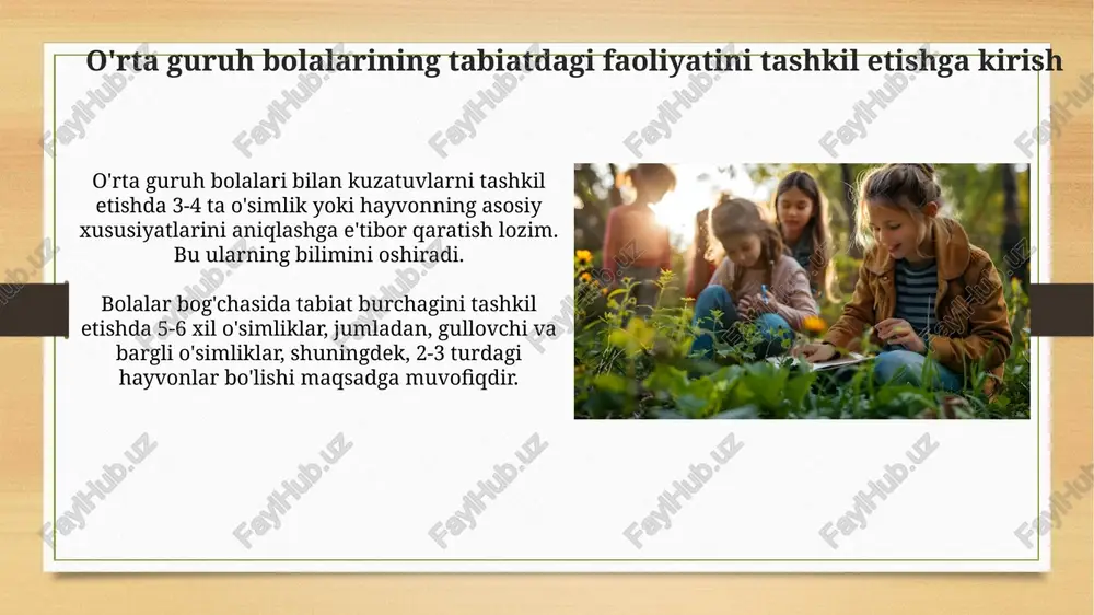olalarning bog'dagi faoliyatini baholash mezonlari bolalarning bog'da o'simliklarga g'amxo'rlik qilish darajasi 1 dan 5 gacha baholanadi, bu yerda 5 - eng yuqori ko'rsatkich, 1 - minimal e'tibor talab etadi. mehnat faoliyatida jamoaviy ishtirok etish koeffitsienti (mik) 0 dan 1 gacha bo'lgan oraliqda aniqlanadi, 1 - barcha bolalar faol qatnashganini anglatadi. tabiatdagi faoliyatni tashkil etishda xavfsizlik qoidalari bolalar bog'chasida o'simliklar bilan ishlashda, 3 yoshdan 4 yoshgacha bo'lgan bolalar o'tkir narsalar (masalan, qaychi) bilan kattalar nazoratisiz ishlamasliklari kerak. bog'dorchilik asboblari, belkuraklar va xaskashlar kabi narsalar ishlatilgandan so'ng darhol yig'ishtirilishi kerak, shunday qilib hech kim tasodifan ularga qoqilib ketmasin va jarohat olmasin. xulosa va tavsiyalar xulosa qismida, kuzatuvlar natijasida aniqlangan o'zgarishlar (masalan, o'simliklarning o'sish tezligi) sonlar bilan ifodalangan holda taqdim etilishi maqsadga muvofiq, bu aniqlikni oshiradi. tavsiyalarda har bir guruh a'zosining faol ishtirokini ta'minlash uchun vazifalarni taqsimlashning samarali usullari (rotatsiya metodi yoki loyiha asosida) va ularning afzalliklari ko'rsatilishi muhim. e'tiboringiz uchun rahmat image8.jpg …