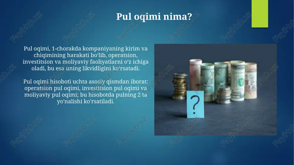 tib olish yoki sotish, bu kapital qo'yilmalariga 5-10 yilgacha ta'sir ko'rsatishi mumkin. pul oqimining muammolari mijozlarning to'lovlarni kechiktirishi, pul oqimining asosiy muammosidir, bu 30-60 kunlik to'lov davrlari tufayli biznesning operatsion xarajatlarini qoplashda qiyinchilik tug'diradi. kutilmagan xarajatlar, masalan, erta ta'mir yoki favqulodda vaziyatlar uchun to'lovlar, pul oqimini sezilarli darajada kamaytiradi va 10-15% lik foyda marjasini xavf ostiga qo'yadi. pul oqimi va foyda pul oqimi real pul harakatini ko'rsatadi, foyda esa buxgalteriya hisobidagi ko'rsatkich bo'lib, 1000 aqsh dollari amortizatsiya kabi noaniq xarajatlarni o'z ichiga oladi. foyda soliqqa tortiladi, pul oqimi esa aksiyalarni qaytarib sotib olish yoki 5000 aqsh dollari miqdoridagi dividendlar to'lash kabi sarmoyaviy qarorlarni moliyalashtiradi. pul oqimi va rentabellik pul oqimi firma faoliyatidan real pul harakatini ko'rsatadi, foyda esa buxgalteriya hisobidagi ko'rsatkich bo'lib, haqiqiy pul oqimini aks ettirmasligi mumkin. rentabellik ko'rsatkichlari, masalan, roi 15% bo'lishi mumkin, lekin yuqori aylanma mablag'ga bog'liq bo'lsa, pul oqimi qisqa muddatda salbiy bo'lishi mumkin. pul oqimi …