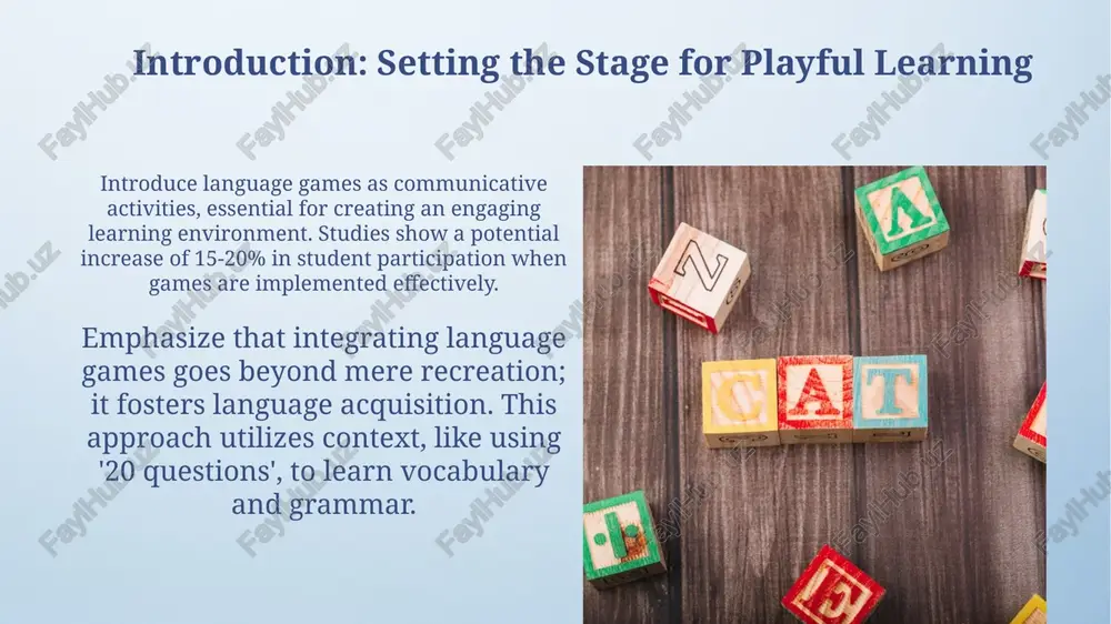 hange information, practice question formation, and build vocabulary, utilizing at least two language skills. board games, such as 'scrabble' or custom-made games, enhance spelling, vocabulary, and strategic thinking. they combine fun with the learning of more than 10 essential language concepts. adapting games for different levels and contexts for a1 learners, focus on games with simple vocabulary and instructions, such as 'simon says' or 'bingo', adapting them to use 10-15 core words and visual aids. adjust complexity by modifying grammar structures; for b2, debates can use conditionals while a2 focuses on present simple questions, limiting the vocabulary to 20 relevant terms. technology integration: digital language games digital games offer instant feedback, crucial for error correction. platforms like quizlet live use team-based challenges fostering vocabulary retention by over 60% compared to traditional methods. adaptive learning platforms, like duolingo, personalize grammar lessons with interactive exercises. they adjust difficulty based on a student's …