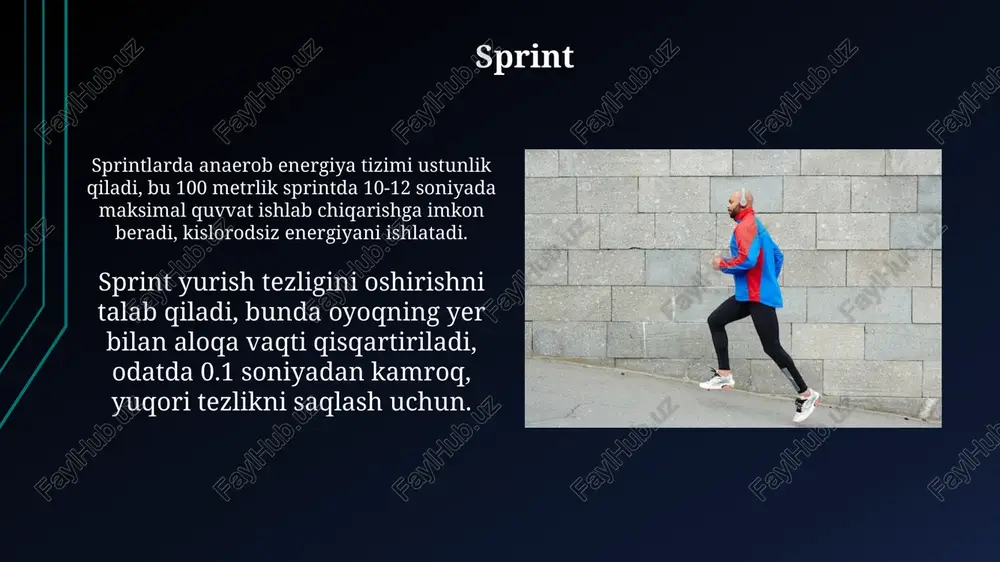 d: tez ko'tarilish, tekis yerlarda yugurish va pastga tushish, bu uslublarning har biri alohida texnika va 25% energiya sarfini talab etadi. skranning skranning - bu o'ziga xos tog' yugurishi shakli bo'lib, unda balandlik 1000 metrdan oshadi, yuguruvchilar toqqa ko'tarilish va undan tushish uchun vertikal harakatdan foydalanadilar. skranning musobaqalari odatda 5 kilometrdan 20 kilometrgacha masofani o'z ichiga oladi, ammo ular bir necha yuz metrdan 1000 metrdan ortiq vertikal balandlikka chiqishni talab qiladi. treadmillda yugurish treadmillda yugurish, tekislikda yugurishga nisbatan, 1-15% gacha eğimli holatni yaratish orqali mushaklarga ko'proq yuk beradi, bu esa tashqi sharoitlarni simulyatsiya qiladi. treadmillda yugurishda tezlikni va eğimni aniq sozlash imkoniyati bor, bu esa yurak urish tezligini maqsadli zonada ushlab turish orqali interval mashqlarini bajarishni osonlashtiradi. e'tiboringiz uchun rahmat image1.png image2.jpg image3.jpg image4.jpg image5.jpg image6.jpg image7.jpg image8.jpg image9.jpg image10.jpg image11.jpg image12.jpg image13.jpg