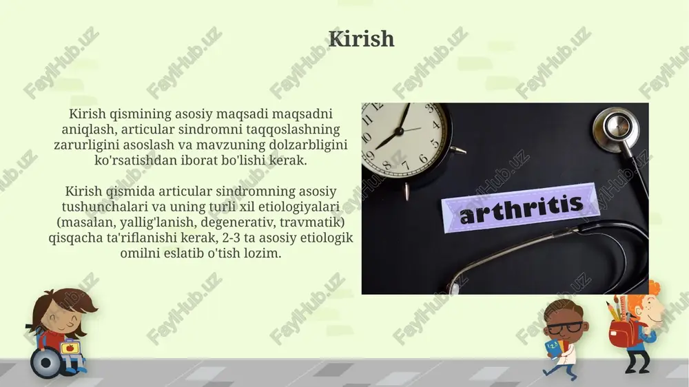kortikosteroidlarni o'z ichiga oladi. fizioterapiya usullari, masalan, elektroforez va massaj, bo'g'imlarning harakatchanligini yaxshilash va mushaklarni mustahkamlash uchun qo'llaniladi, bu esa bo'g'imlardagi yukni kamaytiradi. prognoz «prognoz» tushunchasi, boʻgʻim sindromi kontekstida, kasallikning kelajakdagi rivojlanishi va natijalarini baholashni anglatadi, masalan, funksional buzilish darajasi 3-6 oy ichida. prognozlashda bemorning yoshi (masalan, 65 yoshdan katta), yondosh kasalliklar (qandli diabet 2-tip) va davolashga javob berish darajasi kabi omillar hisobga olinadi. xulosa xulosa artikulyar sindromning 360 darajali bahosini beradi, etiologiya, differensial diagnostika va davolash strategiyalari bo'yicha asosiy xulosalarni ta'kidlaydi. klinik ko'rinishlarning 12 ta asosiy variantini solishtirishda xulosa asosiy alomatlar, instrumental tekshiruvlar natijalari va erta tashxis mezonlariga e'tibor qaratadi. e'tiboringiz uchun rahmat image7.jpg image8.jpg image9.jpg image10.jpg image11.jpg image12.jpg image13.jpg image14.jpg image15.jpg image16.jpg image17.jpg image18.jpg image5.png