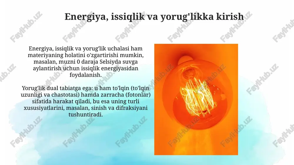 chiqaradi, lcd dan kam energiya sarflaydi. yuqori samarali led yoritgichlari 90% gacha energiyani yorug'likka aylantiradi, atigi 10% issiqlikka aylanadi, bu an'anaviy lampochkalarga nisbatan sezilarli afzallikni ko'rsatadi. energiya, issiqlik va yorug'likning ilovalari quyosh energiyasidan foydalanish 1000 vt/m² intensivlikdagi quyosh nurlarini elektr energiyasiga aylantirib, turar joylarni yoritish va isitish imkonini beradi. issiqlik energiyasi sanoatda metallarni 1500 darajagacha qizdirish orqali shakl berishda qo'llaniladi, bu jarayon detallarning mustahkamligini oshiradi. xulosa va kelajak istiqbollari kelajakda quyosh energiyasi va termoyadro sintezi yordamida 75% toza energiya ishlab chiqarish imkoniyatlari, karbonat angidrid chiqindilarini kamaytirish uchun muhim ahamiyatga ega. yoritish texnologiyalari, xususan, oled va ledlar, 2030 yilga borib 60% samaradorlikka erishishi mumkin, bu esa energiyani tejash va xarajatlarni kamaytirishga olib keladi. e'tiboringiz uchun rahmat image3.jpg image4.jpg image5.jpg image6.jpg image7.jpg image8.jpg image9.jpg image10.jpg image11.jpg image12.jpg image13.jpg image14.jpg image1.png