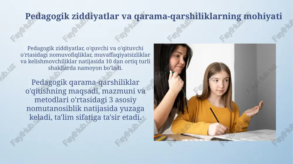 tishni nazarda tutadi, lekin bu strategiyaning samaradorligi vaziyatga bog'liq 85% hollarda foyda beradi. ziddiyatlarni bartaraf etish usullari va texnikalari muzokaralar olib borish, ya'ni tomonlar o'rtasida o'zaro manfaatli kelishuvga erishish uchun diplomatik usullarni qo'llash muhim. bu, 5 bosqichdan iborat bo'lib, kommunikatsiya samaradorligini oshiradi. empatiya texnikasi, nizolashayotgan tarafning his-tuyg'ularini tushunishga va unga hamdard bo'lishga qaratilgan, bu esa 7 asosiy elementdan iborat va o'zaro hurmatni kuchaytiradi. ziddiyatli vaziyatlarda muloqot madaniyati ziddiyatli vaziyatlarda muvaffaqiyatli muloqot uchun "empatiya" muhim, bu boshqa odamning nuqtai nazarini tushunish va his qilish qobiliyatini anglatadi, 70% holatda yechim topishga yordam beradi. konfliktlarda ochiq muloqot, ayniqsa "men-xabarlar" dan foydalanish (masalan, "men xavotirdaman..."), samarali bo'lib, 85% hollarda himoya pozitsiyasini kamaytiradi va o'zaro tushunishni oshiradi. pedagogik ziddiyatlarning oldini olish pedagogik jamoada 70-80% ijobiy munosabatlarni shakllantirish, o'qituvchilar o'rtasida konstruktiv hamkorlikni rivojlantirish orqali ziddiyatlarni oldini olish mumkin. 15-20% ziddiyatlar kommunikatsiya buzilishidan kelib chiqadi; empatiya, faol tinglash va aniq muloqot uslublarini o'rgatish, profilaktika uchun muhim ahamiyatga …