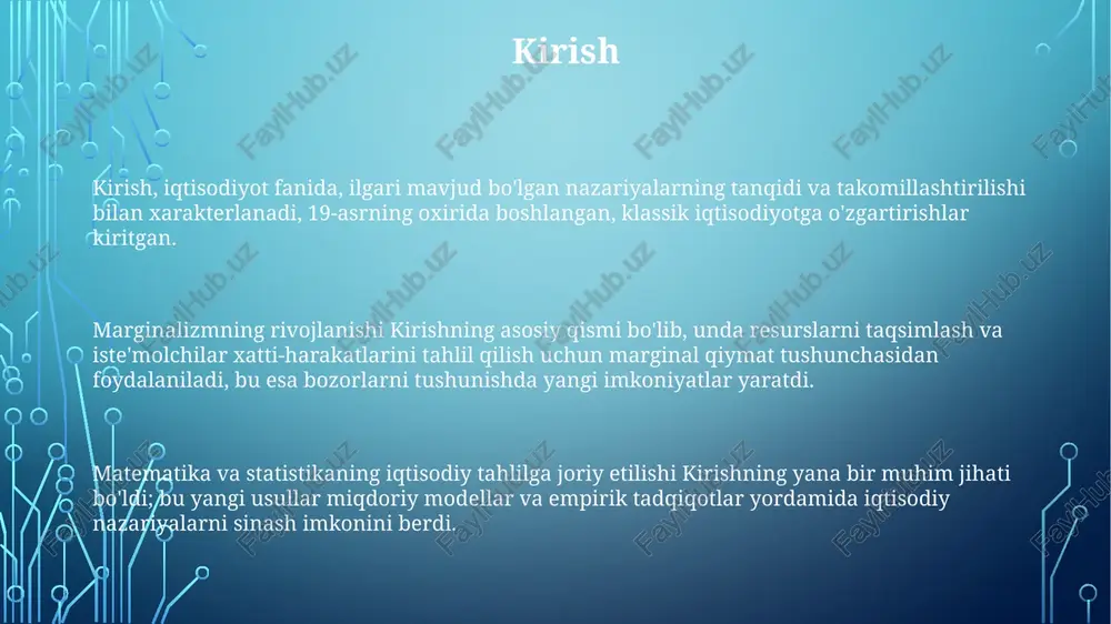 t o'zgarishini noto'g'ri baholashini ta'kidlaydi. behavioral iqtisodiyotning paydo bo'lishi 1970-yillarda daniel kahneman va amos tversky kabi olimlar kognitiv buzilishlar (masalan, yo'qotishdan qo'rqish) qaror qabul qilishga qanday ta'sir qilishini ko'rsatib berishdi. behavioral iqtisodiyot neoklassik modelning kamchiliklarini bartaraf etish maqsadida paydo bo'ldi, bu esa inson ratsionalligi va optimal qarorlar qabul qilish taxminlariga asoslanadi. behavioral iqtisodiyot eksperimental metodologiyalarni (masalan, o'yin nazariyasi) qo'llagan holda, odamlarning xatti-harakatlarini real hayot sharoitlarida kuzatish orqali ratsionallikdan chetga chiqishlarni aniqlaydi. axborot iqtisodiyoti va tarmoq effektlari axborot iqtisodiyoti ma'lumotlar qimmatini oshiradi, bunda marginal xarajatlar nolga yaqinlashadi, lekin birinchi nusxani yaratish xarajatlari sezilarli bo'lishi mumkin. tarmoq effektlari mahsulot yoki xizmat qiymatini oshiradi, foydalanuvchilar soni ortishi bilan, metcalf qonuni bu o'sishni n² bilan ifodalaydi. axborot iqtisodiyotida qulflash effekti paydo bo'lishi mumkin, bunda iste'molchilar moslashuv narxi yuqori bo'lganligi sababli mavjud texnologiyani tark etmaydilar. globalizatsiya va xalqaro iqtisodiyot globalizatsiya savdo hajmining o'sishiga olib keldi, 1990-yildan boshlab eksport yaimning sezilarli qismini tashkil etib, taxminan 20% …