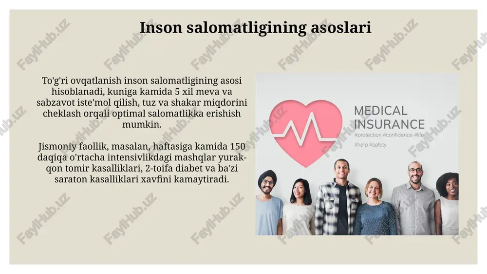 alki uning barcha jihatlari bilan bog'liqdir. o'smirlik davrida reproduktiv salomatlikni saqlash muhim ahamiyatga ega, chunki bu davrda homiladorlikning oldini olish, jinsiy yo'l bilan yuqadigan kasalliklarga qarshi kurashish va sog'lom turmush tarzini targ'ib qilish zarur. atrof-muhit va salomatlik atrof-muhitning ifloslanishi, masalan, pm2.5 zarrachalari, nafas olish yo'llari kasalliklarini 15% ga oshirishi mumkin, ayniqsa bolalar va keksa odamlar uchun xavflidir. pestitsidlar va sanoat chiqindilari bilan zaharlangan suv havzalari ichimlik suvi sifatini yomonlashtiradi, bu esa diareya va boshqa 10 dan ortiq yuqumli kasalliklarni keltirib chiqarishi mumkin. mehnat muhofazasi va xavfsizligi mehnat muhofazasining asosiy maqsadi – ish joylarida xavfsizlikni ta'minlash va ishlab chiqarishdagi baxtsiz hodisalarning oldini olish uchun 100 dan ortiq qoidalarni o'z ichiga oladi. xavfsizlik texnikasi bo'yicha yo'riqnoma, har bir xodim uchun majburiy bo'lib, kamida 2 soat davom etishi kerak va uning maqsadi xavf omillari haqida ogohlantirishdir. zararli odatlar: chekish, spirtli ichimlik va giyohvandlik chekish tarkibidagi 7000 dan ortiq kimyoviy moddalar, shu jumladan nikotin, …