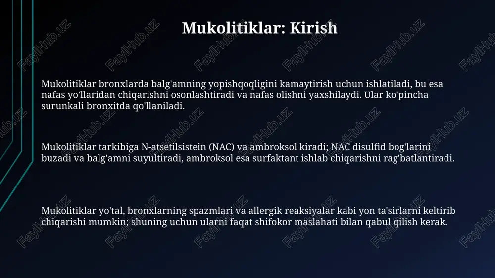 an, antitusivlar bilan birgalikda qo'llanilganda, bronxlardan balg'amning tozalanishi pasayadi va infektsiya xavfini oshiradi. qo'llash mumkin bo'lmagan holatlar va ehtiyot choralari faol moddaga yuqori sezuvchanlik, o'tkir oshqozon yarasi, va 12 barmoqli ichak yarasi mavjud bo'lganda qo'llash mumkin emas, chunki bu holatlar yomonlashishi mumkin. bronxial astma bilan kasallangan bemorlarda ehtiyotkorlik bilan qo'llash kerak, chunki bronxospazm xavfi ortadi; doza va davolashni shifokor nazorat qilishi shart. homiladorlikning 1-uch oyligida, faqat ona uchun foyda xomilaga bo'lgan xavfdan yuqori bo'lganda qo'llang; 2 va 3-uch oyliklarda ehtiyotkorlik bilan qo'llang. e'tiboringiz uchun rahmat image1.png