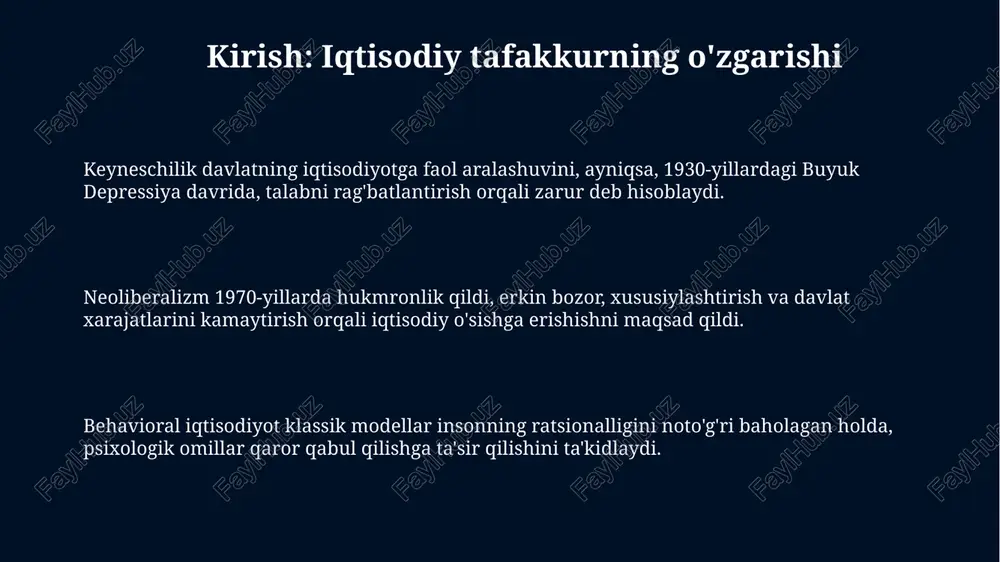 i esa inflyatsiyani nazorat qilish uchun asosiy vosita sifatida ko'rishni yoqlaydi. fridman fikricha, pulning tezligi barqaror emas, ammo uni bashorat qilish mumkin; pul taklifi o'zgarishi iqtisodiyotga sezilarli ta'sir ko'rsatadi. o'sish nazariyalari: harrod-domar va solou modeli solou modeli texnologik o'zgarish (a), kapital (k) va mehnat (l) omillarini birlashtirib, y = a f(k,l) shaklidagi ishlab chiqarish funksiyasi orqali o'sishni izohlaydi, bu omillar samaradorligini oshiradi. harrod-domar modeli iqtisodiy o'sishni kapital-chiqim nisbati (θ) va jamg'arish normasiga (s) bog'laydi, o'sish sur'ati g = s/θ formula orqali aniqlanadi, bu barqaror muvozanatni ko'rsatadi. harrod-domar modelidan farqli ravishda, solou modeli texnologik taraqqiyotning ekzogen omil ekanligini ta'kidlaydi va kapital unumdorligining kamayishi qonuniyatini hisobga oladi, bu esa uzoq muddatli o'sish manbai bo'ladi. strukturalizm va qaramlik nazariyasi strukturalizm, lotin amerikasida 1950-1970-yillarda rivojlangan bo'lib, jahon iqtisodiy tizimining adolatsiz tuzilishi rivojlanishga to'sqinlik qilishini ta'kidlaydi. qaramlik nazariyasi, strukturalizmning davomi sifatida, rivojlangan markaz va rivojlanayotgan chekka o'rtasidagi tengsiz munosabatlar chekka qoloqligining asosiy sababi ekanligini ko'rsatadi. …