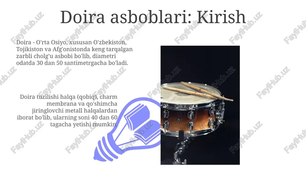i mumkin, bu esa aniq pitchlar va tembrlarni hosil qiladi. elektron doira asboblari elektron doira asboblari 1980-yillarda mashhurlikka erishdi, bu esa an'anaviy perkussiya tovushlarini yaratadigan raqamli namunalarni va sintez texnologiyasini birlashtirdi. ko'pgina elektron doira asboblarida o'rnatilgan midi imkoniyatlari mavjud bo'lib, ularga turli xil tovush banklarini boshqarish va kompyuterlar yoki sekvenserlar bilan sinxronlash imkonini beradi. doira asboblarining tuzilishi doira asboblarining tuzilishi 1.5-3 mm qalinlikdagi teridan iborat bo'lib, u yog'och halqasiga mahkamlanadi va diametri odatda 30-45 sm oralig'ida bo'ladi. doira tuzilishining muhim elementi - bu halqa ichki tomoniga biriktirilgan metall zanjirlar yoki qo'ng'iroqlar (odatda 40-70 ta), ular tovushni boyitishda muhim rol o'ynaydi. doira asboblarida tovush chiqarish 01 02 doira chalayotganda barmoqlar, kaftlar va tizzalar yordamida turli xil zarbalar beriladi, har bir zarba o'ziga xos 2-4 xil tovush balandligini yaratadi. sales 1st qtr 2nd qtr 100 0 sales 1st qtr 2nd qtr 100 0 doira asboblarining musiqadagi roli doira zarblari ansambllarda ritmik asos …