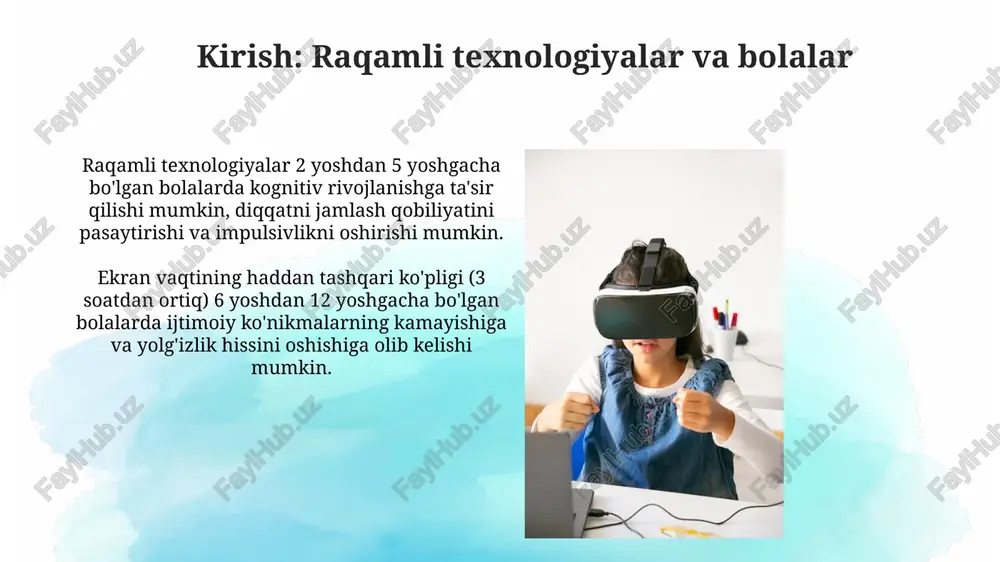 utq kechikishiga olib kelishi mumkin, ayniqsa 0-3 yoshda, chunki interaktiv o'yin kamayib, faqat passiv tinglashga urg'u beriladi. digital qurilmalar, 4-7 yoshdagi bolalarda lug'at boyligini kengaytirishga yordam berishi mumkin, ammo sifatli ta'lim kontenti va kattalar nazorati muhim omil bo'lib xizmat qiladi. o'qish qobiliyatiga ta'siri digital texnologiyalar matnni skanerlash va audio kitoblarni eshitish orqali o'qish tezligini oshirishi mumkin, lekin chuqur tushunish 15-25% ga kamayishi kuzatilgan. giperekssilkalarga ega raqamli matnlar diqqatni tarqatadi, bu esa o'quvchining matnga e'tiborini 30-40% ga pasaytiradi va tushunishni qiyinlashtiradi. xotira va o'rganishga ta'siri raqamli distraksiya, masalan, ijtimoiy tarmoqlarda doimiy ogohlantirishlar, bolalarning e'tiborini qisqartiradi, natijada ularning chuqur o'rganish va uzoq muddatli xotira shakllanish qobiliyatiga ta'sir qiladi. ortiqcha ekran vaqti vizual-makoniy xotirani susaytirishi mumkin. tadqiqotlar shuni ko'rsatadiki, 2d muhitlar bilan ko'p vaqt o'tkazish 3d makonda navigatsiya qilish qobiliyatiga salbiy ta'sir qiladi. raqamli texnologiyalarning psixologik salomatlikka ta'siri ijtimoiy tarmoqlarda 24/7 doimiy aloqada bo'lish depressiya, tashvish va uyqusizlik kabi psixologik muammolarni 30% gacha …