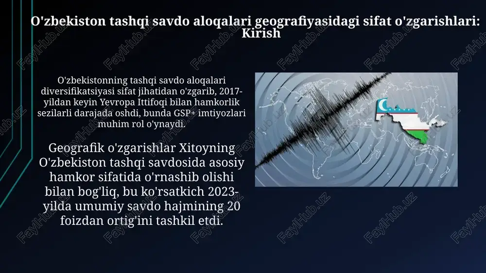 rli oʻsishni koʻrsatdi, bunda asosan tabiiy gaz eksporti 35% ga oshdi, bu esa yangi yoʻnalishning rivojlanishini belgilaydi. hindiston bilan farmatsevtika mahsulotlari savdosi 20 million dollardan oshib, farmatsevtika sanoatining yangi savdo yoʻnalishi sifatida shakllanishiga turtki berdi va diversifikatsiyani ta'minladi. mintaqaviy savdo integratsiyasining roli mintaqaviy savdo integratsiyasi, 2023-yilda 15 foizga o'sgan savdo hajmi orqali o'zbekistonning diversifikatsiyasiga yordam berib, yangi bozorlar uchun imkoniyat yaratdi. markaziy osiyo davlatlari bilan savdo aloqalari faollashuvi, tranzit xarajatlarini kamaytirib, 10 dan ortiq yangi logistika markazlarini rivojlantirishga turtki bo'ldi. transport-logistika infratuzilmasining ta'siri 2017-2021 yillarda transport infratuzilmasiga kiritilgan 20 milliard dollardan ortiq investitsiyalar eksport-import operatsiyalarini soddalashtirib, tranzit vaqtini qisqartirishga yordam berdi. termiz transport-logistika markazi kabi yirik loyihalar afg'oniston va markaziy osiyo davlatlari bilan savdo aloqalarini rivojlantirishda muhim rol o'ynab, yuk tashish hajmini oshirdi. investitsiya siyosatining tashqi savdoga ta'siri investitsiya siyosati 2017-yildan so'ng eksportbop tovarlar ishlab chiqarishni rag'batlantirib, tashqi savdo diversifikatsiyasiga turtki berdi, bu esa 20% dan ortiq o'sishga olib keldi. …