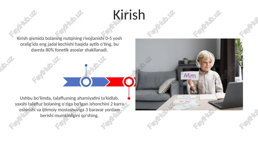 niqlik va to'g'ri talaffuz bolaga 90% gacha ta'sir etadi, shuning uchun o'z nutqini nazorat qilish muhim hisoblanadi. resurslar va materiallar bolaning to'g'ri talaffuzini o'rgatishda fonetik lug'atlar muhim. masalan, 'o'zbek tilining talaffuz lug'ati' (2020) so'zlarning to'g'ri artikulyatsiyasini ko'rsatadi, 4000 dan ortiq so'zni o'z ichiga oladi. nutq terapevtining materiallari bolaning tovushlarni to'g'ri talaffuz qilishini mashq qilish uchun mo'ljallangan. ular 50 ta artikulyatsiya mashqlarini, shu jumladan til burmalarini va og'iz bo'shlig'i mashqlarini o'z ichiga oladi. xulosa xulosa shuni ko'rsatadiki, erta yoshdagi fonetik mashqlar 75% holatlarda bolaning nutqini yaxshilaydi, ayniqsa 4-6 yosh oralig'ida. o'qituvchilarning 80% i, ota-onalarning 65% i to'g'ri talaffuzni o'rgatishda vizual materiallar (rasmlar, videolavhalar) muhim rol o'ynashini ta'kidlashadi. e'tiboringiz uchun rahmat image5.jpg image6.jpg image7.jpg image8.jpg image9.jpg image10.jpg image11.jpg image12.jpg image13.jpg image14.jpg image15.jpg image16.jpg image1.jpeg image2.jpeg