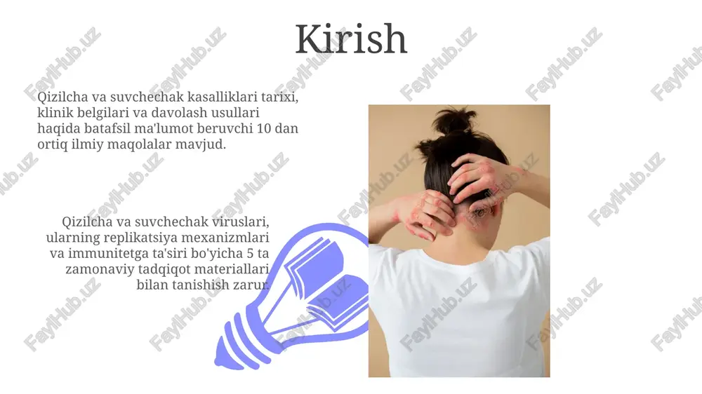 ladi, ular qichishadi va pufakchalarga aylanadi, so’ngra qobiq hosil qiladi. bemorlarda 100.4°f (38°c) gacha bo’lgan harorat, holsizlik va ishtaha yo’qolishi kabi dastlabki alomatlar kuzatilishi mumkin, ular toshmalar paydo bo’lishidan 1-2 kun oldin boshlanadi. suvchechak diagnostikasi suvchechak diagnostikasi klinik belgilarga asoslanadi: 24-36 soat ichida paydo bo'ladigan papulalar, vesikulalar va qobiqlarning polimorfizmi xarakterlidir. laboratoriya diagnostikasi virusni ajratib olish yoki pcr yordamida suvchechak-zoster virusi dnksini aniqlashni o'z ichiga oladi, ammo bu odatda oddiy holatlarda zarur emas. suvchechakni davolash 01 02 suvchechakni davolash ko'pincha simptomatik yondashuvni o'z ichiga oladi, qichishishni kamaytirish uchun kalamin losoni va antihistamin preparatlari buyuriladi. bolalar kamida 5-7 kun uyda qolishlari kerak. sales 1st qtr 2nd qtr 100 0 sales 1st qtr 2nd qtr 100 0 suvchechakning asoratlari suvchechak asoratlari orasida pnevmoniya eng jiddiy hisoblanadi, ayniqsa kattalarda. taxminan 1 dan 400 gacha bo'lgan suvchechak bilan kasallangan kattalar pnevmoniya bilan kasallanishi mumkin. suvchechakdan keyingi ensefalit kam uchraydigan, ammo jiddiy asorat bo'lib, miya …