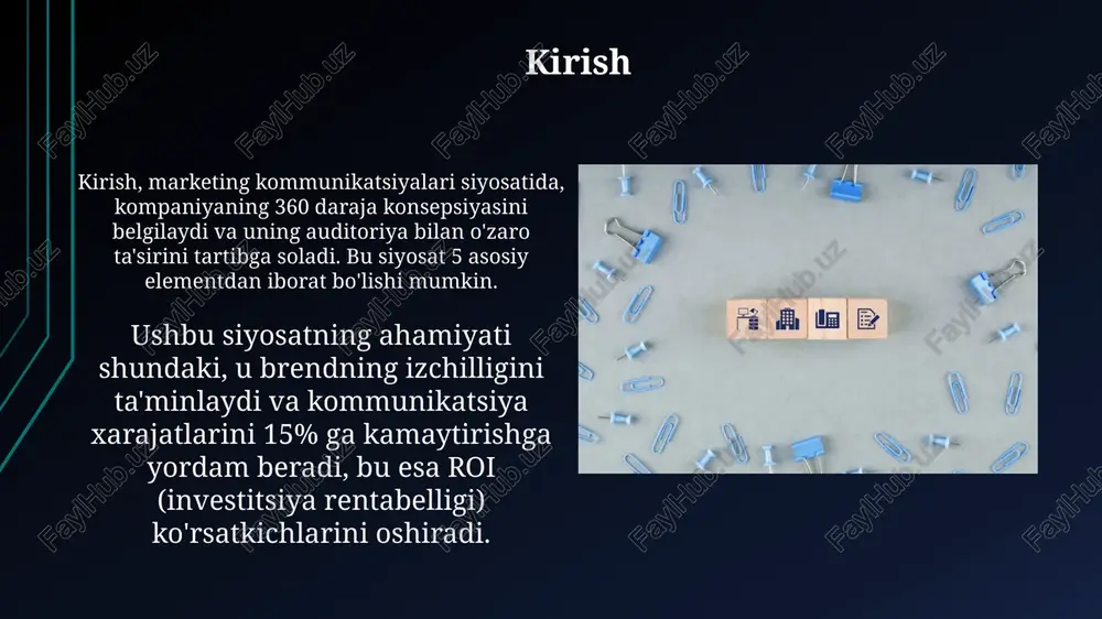 ri, masalan, raqamli va an'anaviy, muvofiqlashtirilgan bo'lib, birlashgan xabar beradi. brendning xabardorligini oshirish uchun marketing kommunikatsiyasi strategiyasi 7 marotaba takrorlash qoidasiga asoslanishi mumkin, bu xaridor xabarni sotib olishdan oldin kamida shuncha marta ko'rishi kerak. marketing kommunikatsiyasi taktikalari marketing kommunikatsiyasida 360 gradusli kampaniyalar, turli xil kanallardan (ijtimoiy media, televidenie, matbaa) bir xil xabarni yetkazib, maksimal ta'sirga erishishga qaratilgan. raqamli marketingda a/b testing usuli, reklamalarning turli versiyalarini (masalan, sarlavha yoki dizayn) 50/50 nisbatda sinab, eng samaralisini aniqlashga yordam beradi. xabarlarni ishlab chiqish xabarlarni ishlab chiqish marketing strategiyasining muhim bosqichidir, bu yerda maqsadli auditoriyaga moslashtirilgan aniq, qisqa va ishonchli ma’lumotlar yaratiladi. ushbu jarayon mahsulotning afzalliklarini 20% gacha oshirishi, xaridorlarning e’tiborini jalb qilish va sotish hajmini taxminan 15% ga ko’paytirishga yordam beradi. xabarlarni yetkazish "xabarlarni yetkazish" marketing kommunikatsiyasining ajralmas qismi boʻlib, auditoriyaga brend xabarlari, mahsulot afzalliklari va firma qadriyatlarini yetkazish uchun turli kanallardan foydalanishni oʻz ichiga oladi. integratsiyalashgan "xabarlarni yetkazish" strategiyasi, ommaviy axborot vositalari, …