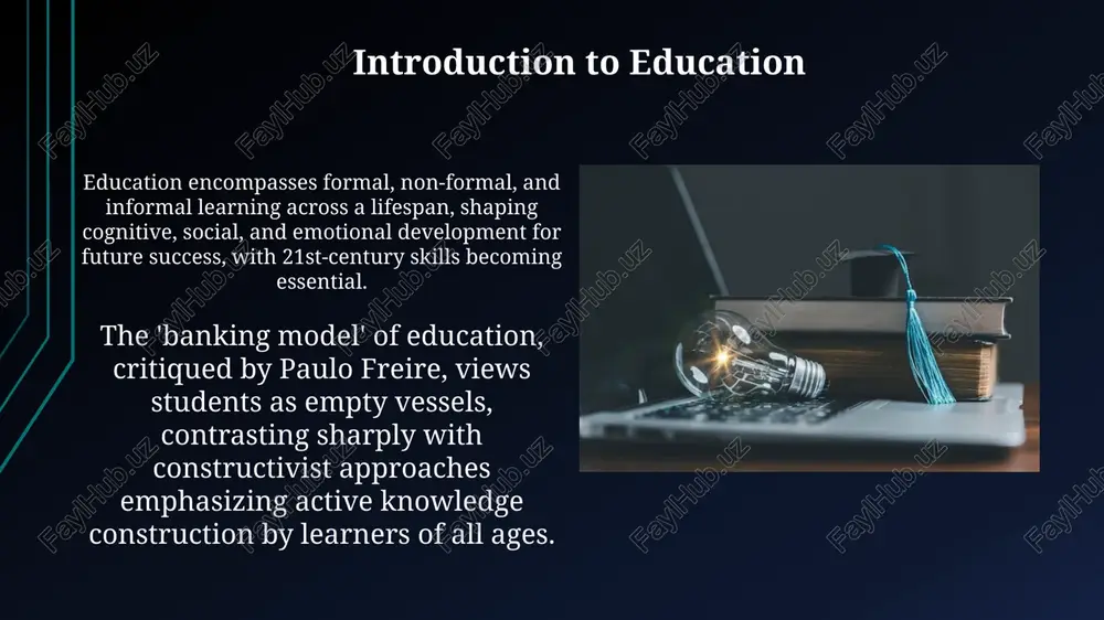 in knowledge retention compared to traditional methods. assessment and evaluation formative assessments, like quizzes, offer ongoing feedback during instruction; improving students' mastery of key concepts throughout a unit of study, yielding approximately 25% gains. summative evaluations, for example, final exams, measure learning outcomes at the conclusion of a course providing a comprehensive 360-degree view of the student's retained knowledge. challenges in education addressing digital divide; approximately 25% of students lack consistent access to high-speed internet at home hindering online learning and equitable educational opportunities. globally, teacher shortages are escalating; unesco estimates a need for 69 million new teachers by 2030, especially in sub-saharan africa impacting educational quality. future trends in education microlearning, delivering content in 3-7 minute bursts via platforms like mobile apps, will surge. this approach improves knowledge retention by 20% and caters to shorter attention spans. personalized learning, leveraging ai algorithms, will customize educational paths for each student. …
