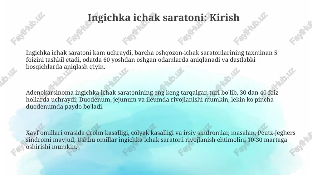 ilar kombinatsiyasi samarali bo'lishi mumkin. nurlantirish terapiyasi maqsadli radiatsiya yordamida saraton hujayralarini yo'q qiladi va uni jarrohlikdan oldin o'simtani kichraytirish yoki jarrohlikdan keyin qoldiq hujayralarni yo'q qilish uchun ishlatish mumkin. prognoz va omon qolish darajasi gistologik turi ham prognozga ta'sir qiladi; adenokarsinoma eng keng tarqalgan boʻlib, boshqa kam uchraydigan turlarga nisbatan oʻrtacha omon qolish darajasiga ega, masalan, sarkoma yoki karsinoid oʻsmalar. oʻsimtaning bosqichi eng muhim omil boʻlib, erta bosqichlarida (i va ii) 5 yillik omon qolish darajasi 70-85% gacha boʻlishi mumkin, kechki bosqichlarda esa bu koʻrsatkich keskin pasayadi. jarrohlik yo'li bilan to'liq olib tashlash mumkinligi omon qolish darajasini sezilarli darajada oshiradi. agar o'simta olib tashlansa, 5 yillik omon qolish darajasi 50% dan oshishi mumkin; aks holda, prognoz yomonroq bo'ladi. oldini olish va skrining hozircha, ingichka ichak saratonini erta aniqlash uchun keng tarqalgan skrining usuli mavjud emas, chunki testlar etarli darajada sezgir emas. ba'zi yuqori xavfli guruhlarga (masalan, irsiy sindromi bo'lganlar) …