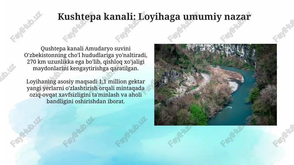 hqarishda suv taqsimoti rejalarini ishlab chiqish va amalga oshirish muhim, bu esa sug'orish uchun suv yetkazib berishni 95% aniqlikda ta'minlashni nazarda tutadi. texnik xizmat ko'rsatishda kanal o'zanini loyqa va o'tlardan tozalash ishlari yiliga kamida ikki marta o'tkaziladi, bu suv o'tkazuvchanligini 15-20% ga oshiradi. kelajakdagi rivojlanish istiqbollari kushtepa kanalining kelajakdagi rivojlanishi 2030 yilgacha 150 ming gektar yangi yerlarni o'zlashtirish, qishloq xo'jaligi mahsuldorligini 30% ga oshirish imkonini beradi. suv tejovchi texnologiyalarni joriy etish orqali kanalning suv o'tkazish qobiliyatini 20% ga oshirish, suv resurslaridan oqilona foydalanish va irrigatsiya tizimini optimallashtirish ko'zda tutilgan. xulosalar va tavsiyalar kushtepa kanalining 15-20% suv yo'qotishini kamaytirish uchun zamonaviy qoplamalar va irrigatsiya texnologiyalari tadbiq etish muhim, bu esa suv resurslaridan foydalanish samaradorligini oshiradi. kanalning loyihaviy quvvati 700-800 m³/s bo'lgan holda, suv ta'minotini optimallashtirish uchun suv o'lchash stansiyalari va monitoring tizimlarini o'rnatish, agrar sohada mahsuldorlikni oshirishga yordam beradi. e'tiboringiz uchun rahmat image2.png image3.jpg image4.jpg image5.jpg image6.jpg image7.jpg image8.jpg image9.jpg image10.jpg …